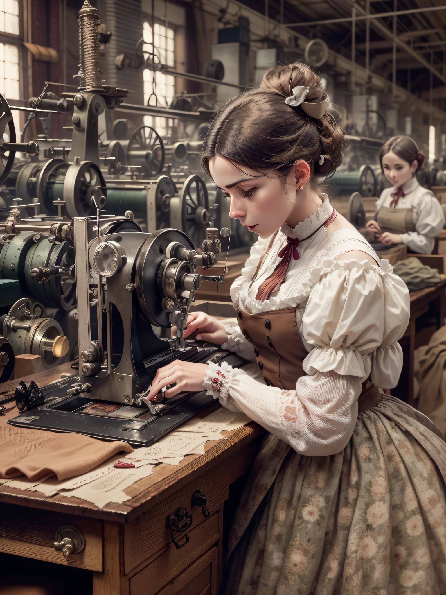 Oficina da Era Vitoriana" Testemunhe uma habilidosa costureira, Emily, in a bustling Victorian textile factory. Vestida com um vestido e avental sob medida, She skillfully operates a sewing machine amidst spinning machines and piles of fabric, capturing the essence of the textile industry of the Industrial Revolution