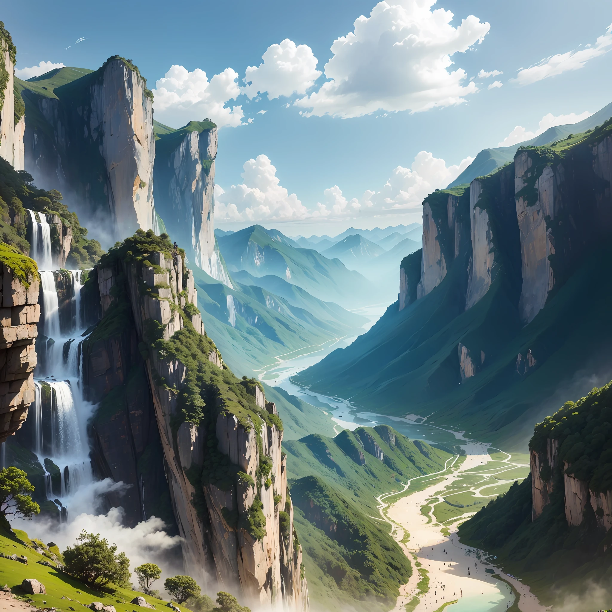 In the daytime：Sunnyday，Skysky，blue-sky，baiyun，The cloudy，Far Mountain，green mountains，precipice，Near water，green waters，waterfallr，Hu Bo，rios， --auto