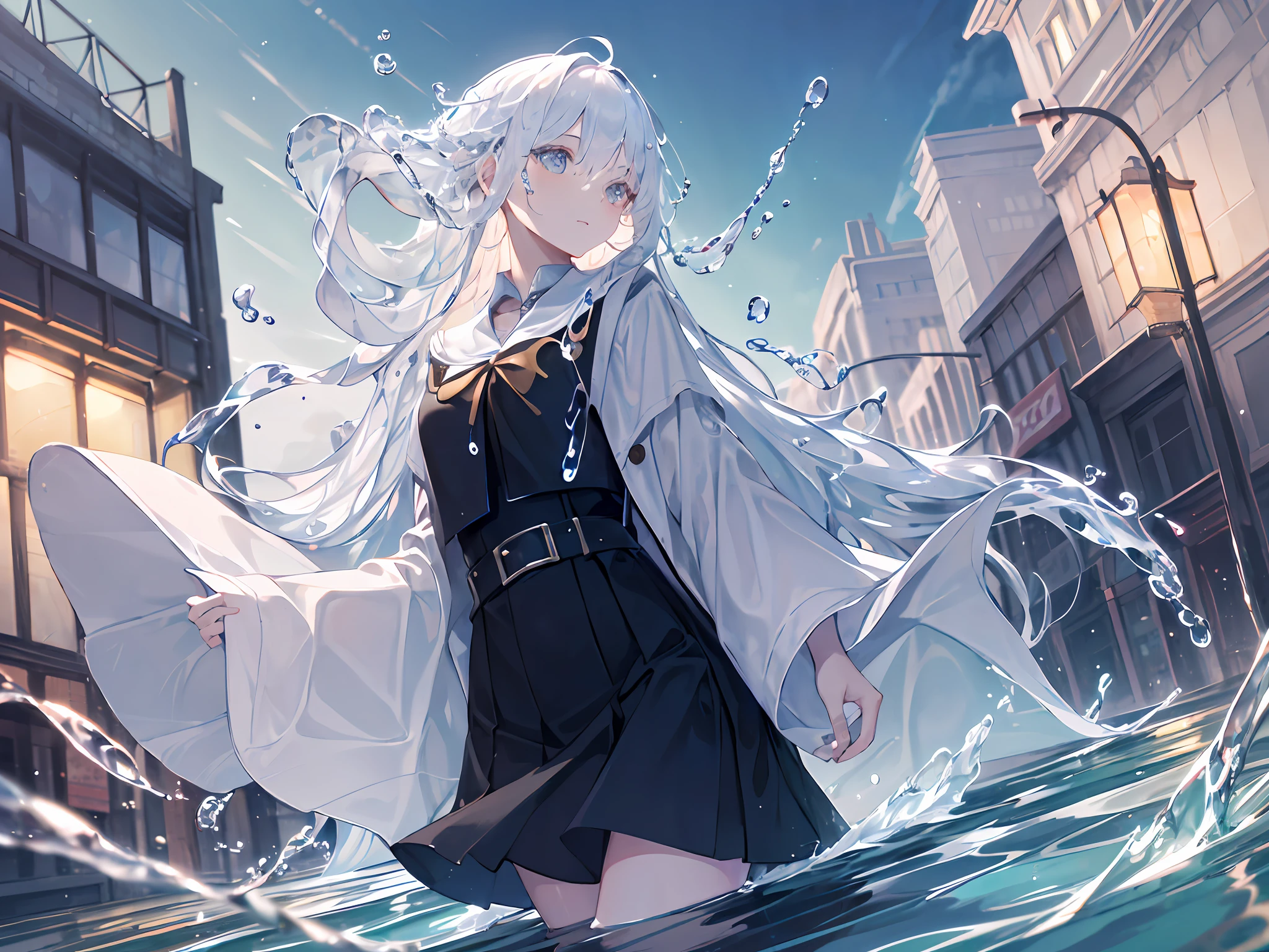 (Background), masterpiece, best quality,Illustration, Wallpaper, ultra detail, absurdres, 1girl, solo, (liquid hair:1.2), beautiful detailed eyes,
bangs, cowboy shot, long hair, magical girl, white hair, waves,  water,  water drop, looking to the side, wading, 
(street:1.5),  sun, cloudy sky,