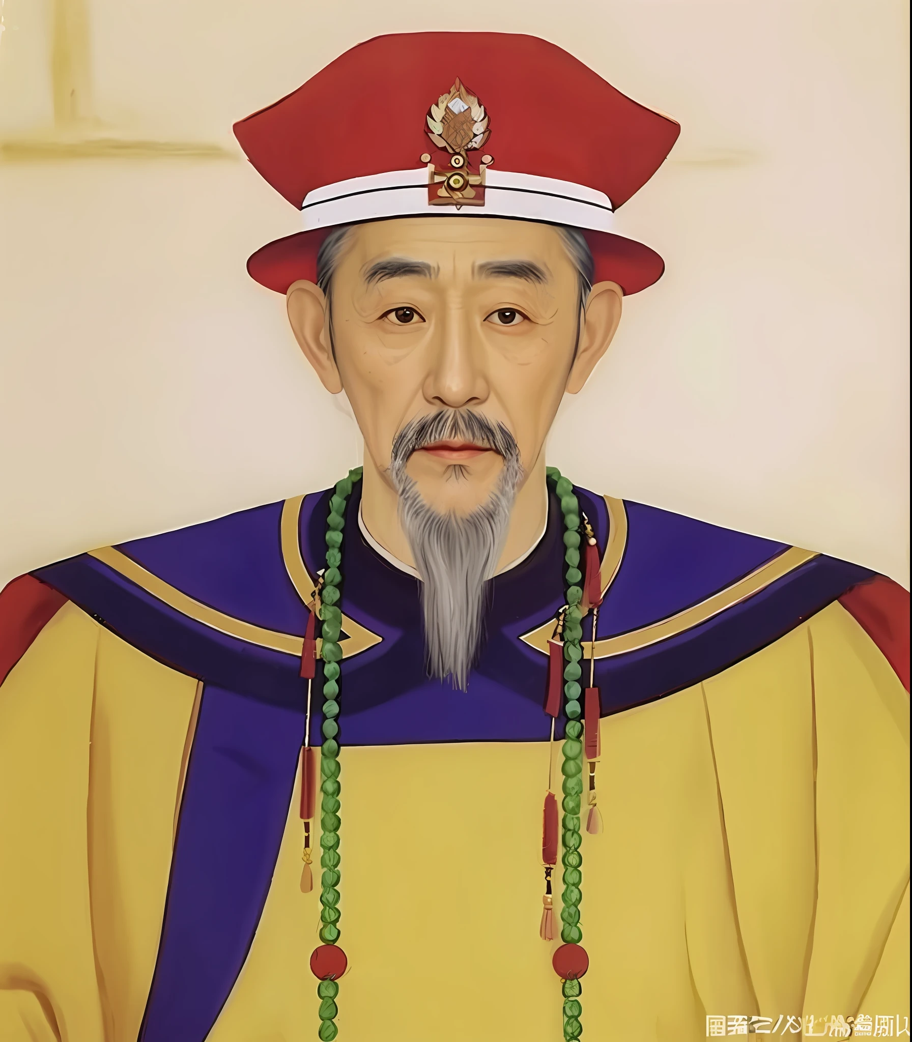 The costumes and characters are consistent,1:1 Reservations,The vicissitudes of the eyes,very old,Very thin old man,One with a beard,Close-up of a man wearing a red hat on his head, 1:1 Copy,(realisticlying:1.36),tmasterpiece,highest quality,16k,The realism of the clothes,Very realistic,Realiy感,The texture of the clothes,Nasolabial folds,70-year-old male,Green beading,Very realistic,Close-up of a painting of a 70-year-old man wearing a red hat, Purple and yellow clothes,The emperor dressed up,Straight nose,Inverted triangular eye,The corners of the eyes pull down,1:1 Copy,tmasterpiece,Best resolution。16k,photorealisti,Realiy,realisticlying,(realisticlying:1.37),Very realistic,skin pore,A bearded 70-year-old,Antiquity,Inverted eyebrows,The tail of the eyebrow is downward,wrinkles around the eyes,Yellowish complexion,sbeard,Inverted eyebrows,frontage,Ancients,Kangxi, Emperor of the Qing Dynasty,Qing dynasty ancient,ultra-realistic realism, Kangxi Emperor,