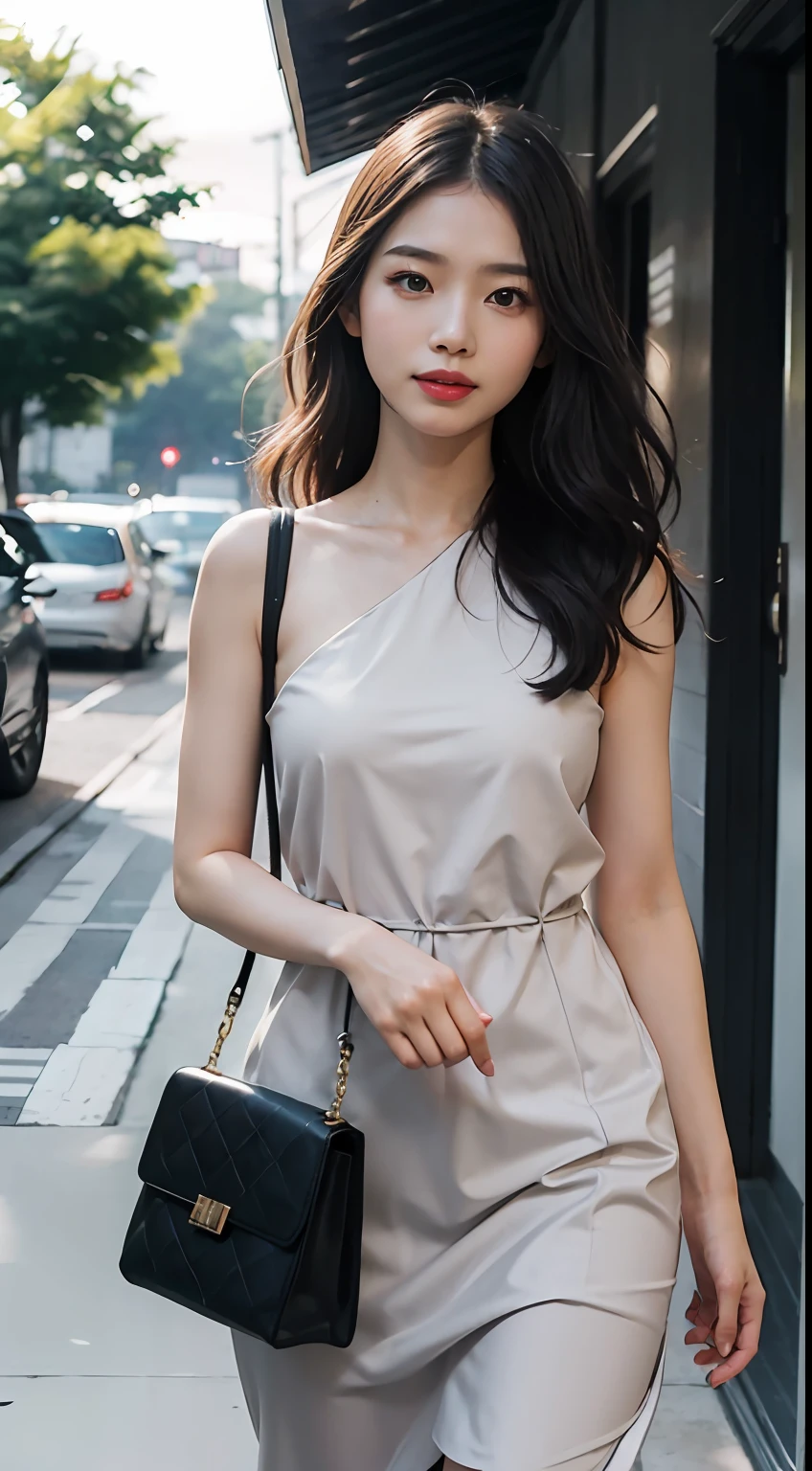 Bright light outlines a long corridor，An Asian woman wears an elegant light gray dress，Hurry with a simple and stylish handbag。Her skin is smooth and bright，The face is delicate，Eyes smiled，Exudes unique energy and confidence。