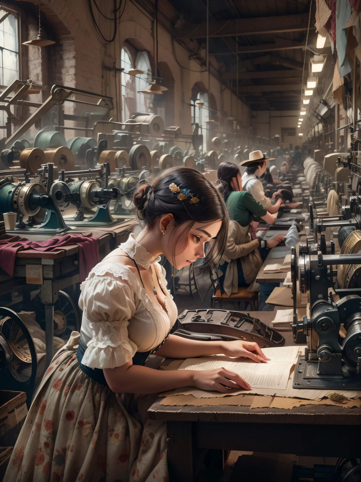 Oficina da Era Vitoriana" Testemunhe uma habilidosa costureira, Emily, in a bustling Victorian textile factory. Vestida com um vestido e avental sob medida, She skillfully operates a sewing machine amidst spinning machines and piles of fabric, capturing the essence of the textile industry of the Industrial Revolution