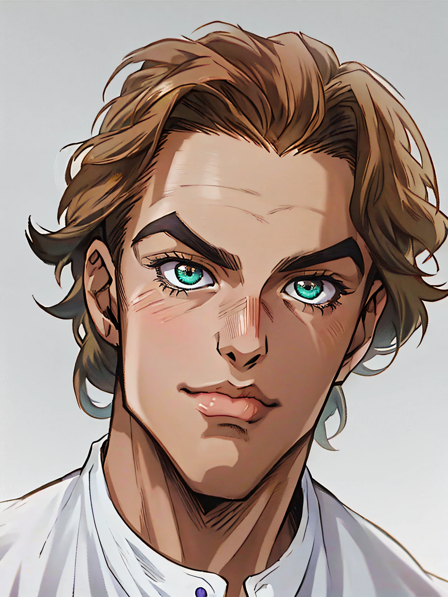 arafed man with a white shirt and a white shirt, portrait close up of guy,HD, (Best Detail), (Best Quality), (JOJO),Yuhiko Araki,eyelashes, clear eyes, character portrait