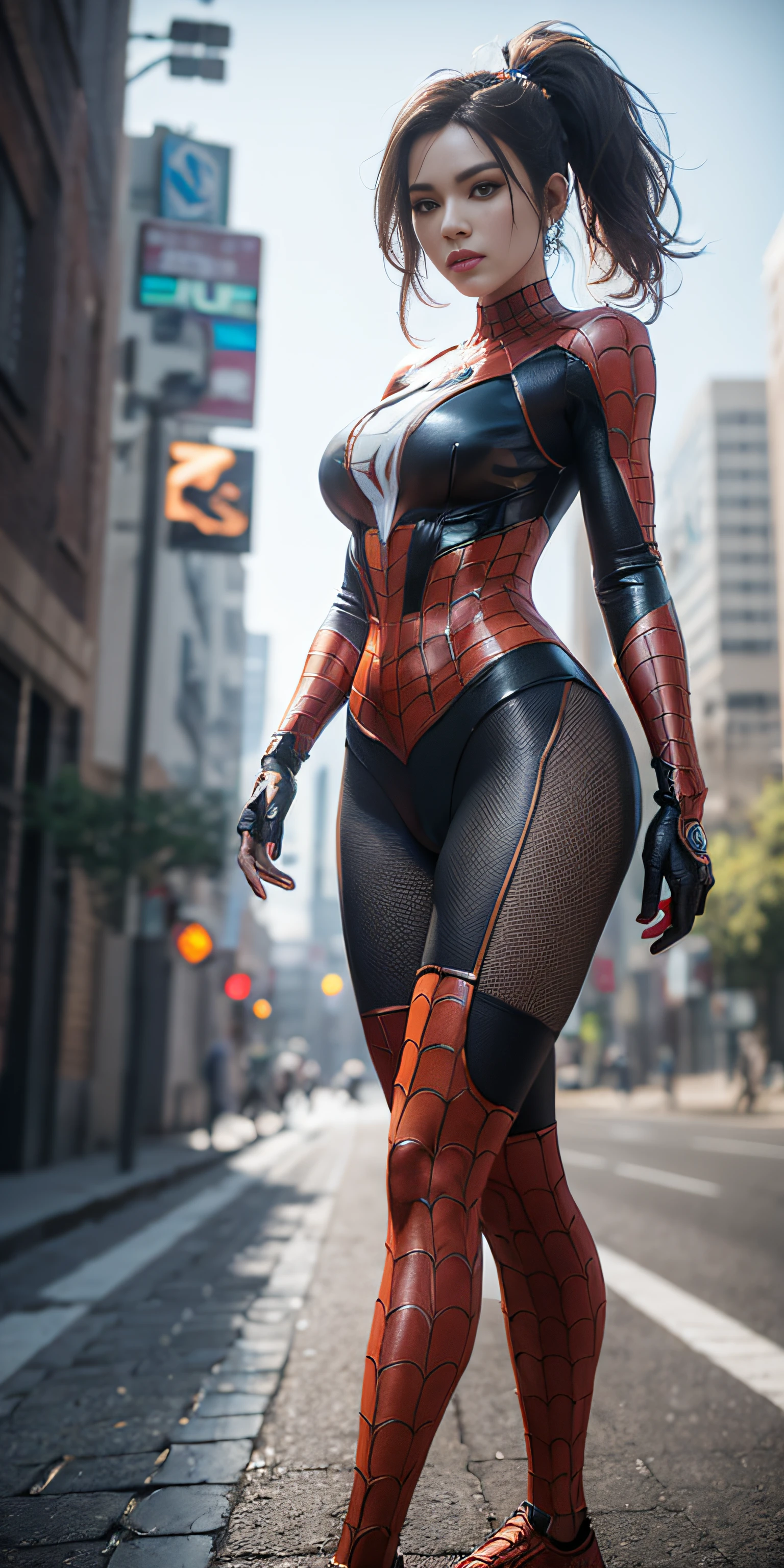 (8k, foto RAW, melhor qualidade, obra-prima: 1.2), ultra detalhado, arte oficial, foto-realista: 1.37, parte superior do corpo tiro, marvel spiderman, grain of film, Action Pose (Melhor Qualidade), ((Obra-prima), (Detalhe: 1.4), 3D, Uma Bela Mulher Cyberpunk, HDR (High Dynamic Range), Ray Tracing, NVIDIA RTX, Super-Resolution, Unreal 5, Espalhamento Subsuperficial, Texturas PBR,