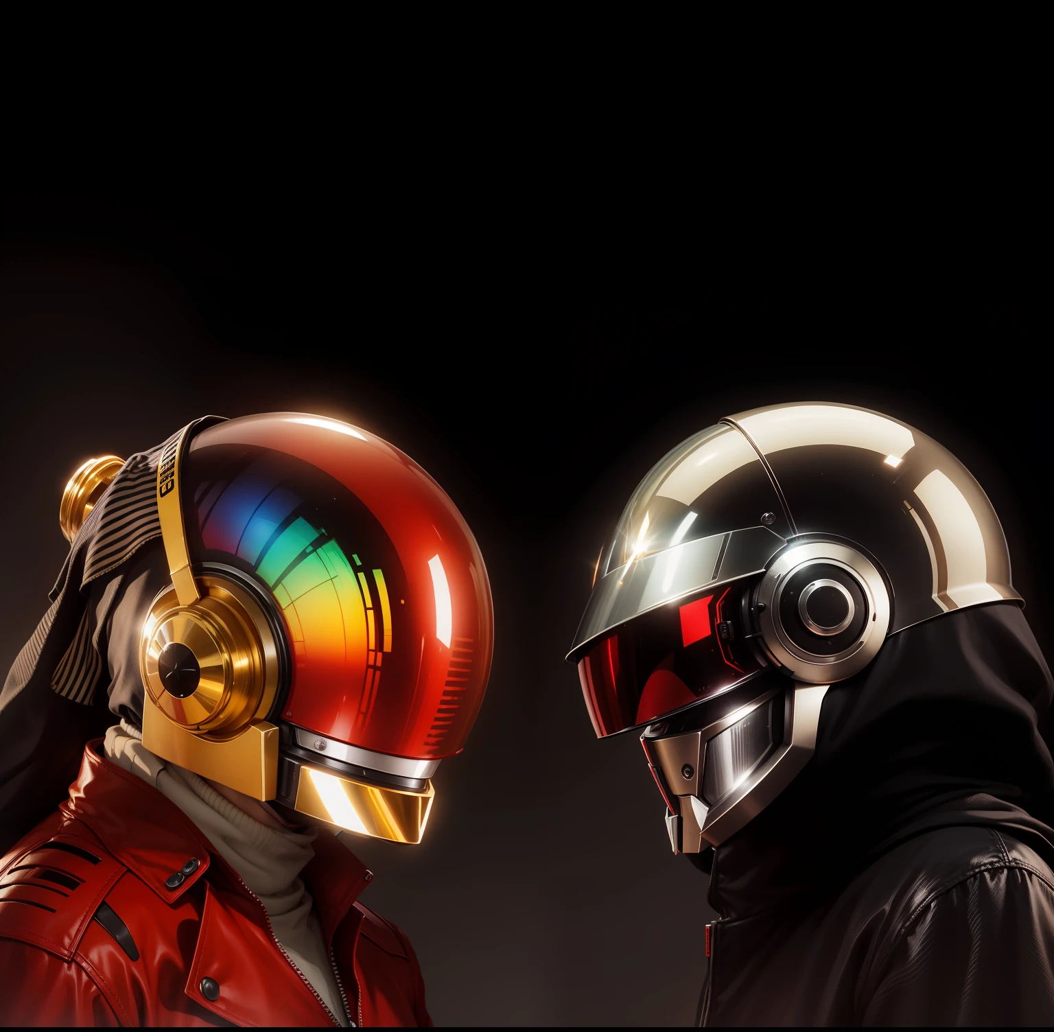 duas pessoas usando capacetes com uma jaqueta vermelha e uma jaqueta preta, Retrato de Daft Punk, Daft Punk, estilo Toei Metal Heroes anos 80, olhos brilhantes no capacete, papel de parede de alta qualidade, robot head, Juspion, Jiban, Japanese Tokusatsu --auto