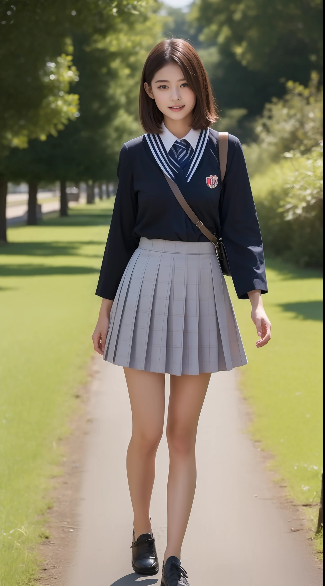 high-level image quality、8K、1 female、Solo Images、Beautuful Women、Schools、校服、cute little、Skirt above the knee、jpn、The whole body is shown、1 persons、Summer Uniforms、shortsleeves、Bob Hair