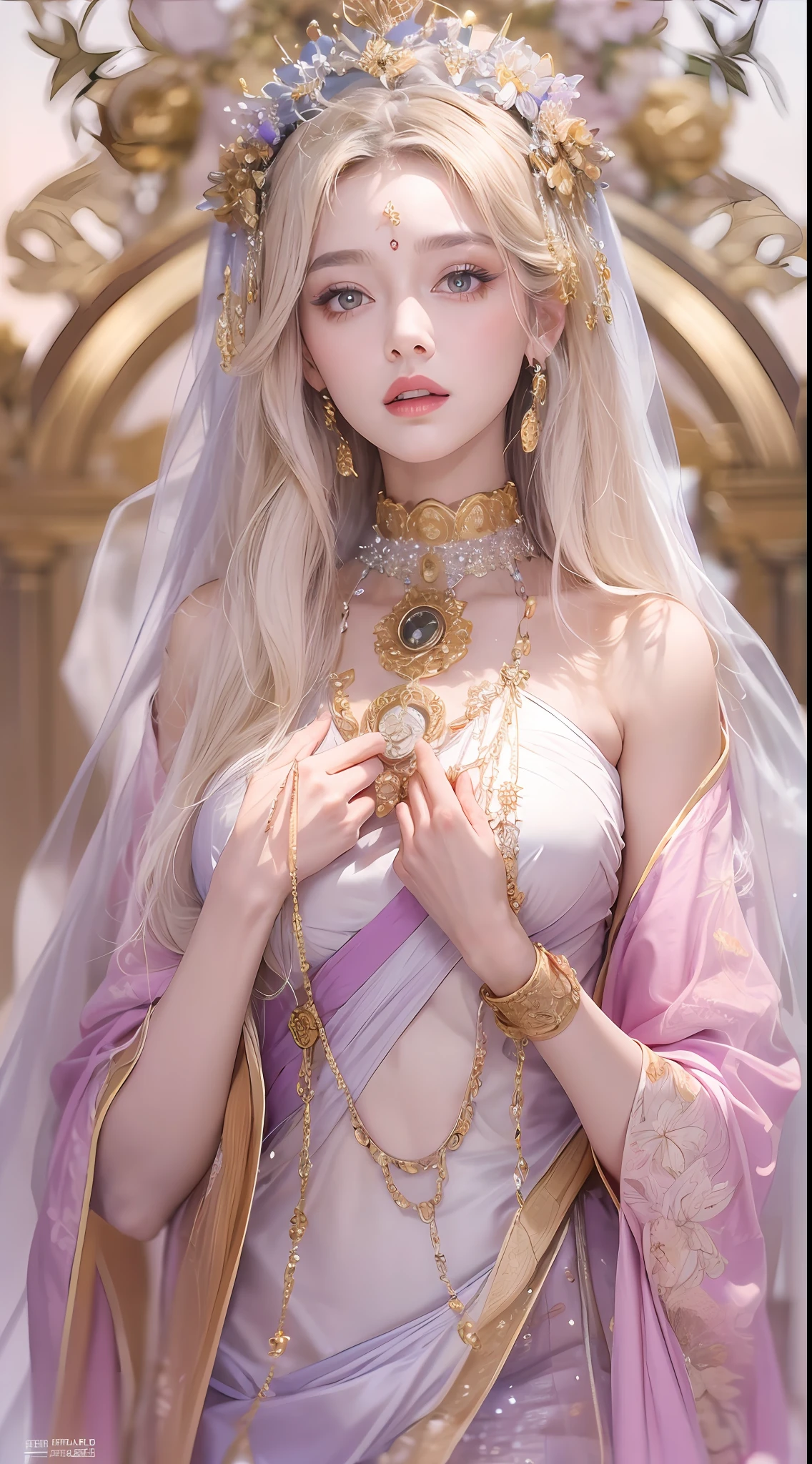 1 20 year old girl, 1 goddess Athena, pink purple silk dress, beautiful goddess Athena face without blemishes, delicate yellow nightgown, long thin sequin nightgown with many sexy black lace details, 1 beautiful thin red silk cloth half veil, female saint legend, female saint icon, beautiful goddess style glitter, dark and mysterious version, small proportioned goddess crown, vermilion lips, delicate and beautiful pino detailing, delicate and beautiful lip detail, , (pure and flawless face: 1.9), female saint body, round chest, big and round breasts, phoenix brooch, long flat bangs, (7-color rainbow hair: 1.9), flower stickers tattoo on forehead, beautiful clear face and well-proportioned eyes, (transparent yellow eyes: 1.8), (big round eyes and makeup, very beautiful and meticulous hair makeup, long and delicate blonde hair, delicate, body image: 1.8), figure: and vivid, (stars that make up the sky: 1.7), (the sky of heaven and the fictitious gate of time and space: 1.8), fictional art, RAW photos, hanfu photos, best photos, high resolution, best quality, best photos, best goddess quality, 8k female, super 8 single saint portraits, truest color schemes, masterpieces, best beauty brands, best hair jewelry, brand real photo, dark studio, border light, two-tone lighting, (rose white skin: 1.4), (high skin detail: 1.1), 8k uhd, d slr, soft light, 8k, high quality, candid, volume Smooth and sharp, 10x pixel increase, sexy goddess, sexy goddess, (background space: 1.8), (most beautiful aurora eyes: 1.7), beautiful eyes, aurora beautiful and flowery, (beautiful single girl: 1.8), (more details:0.8),