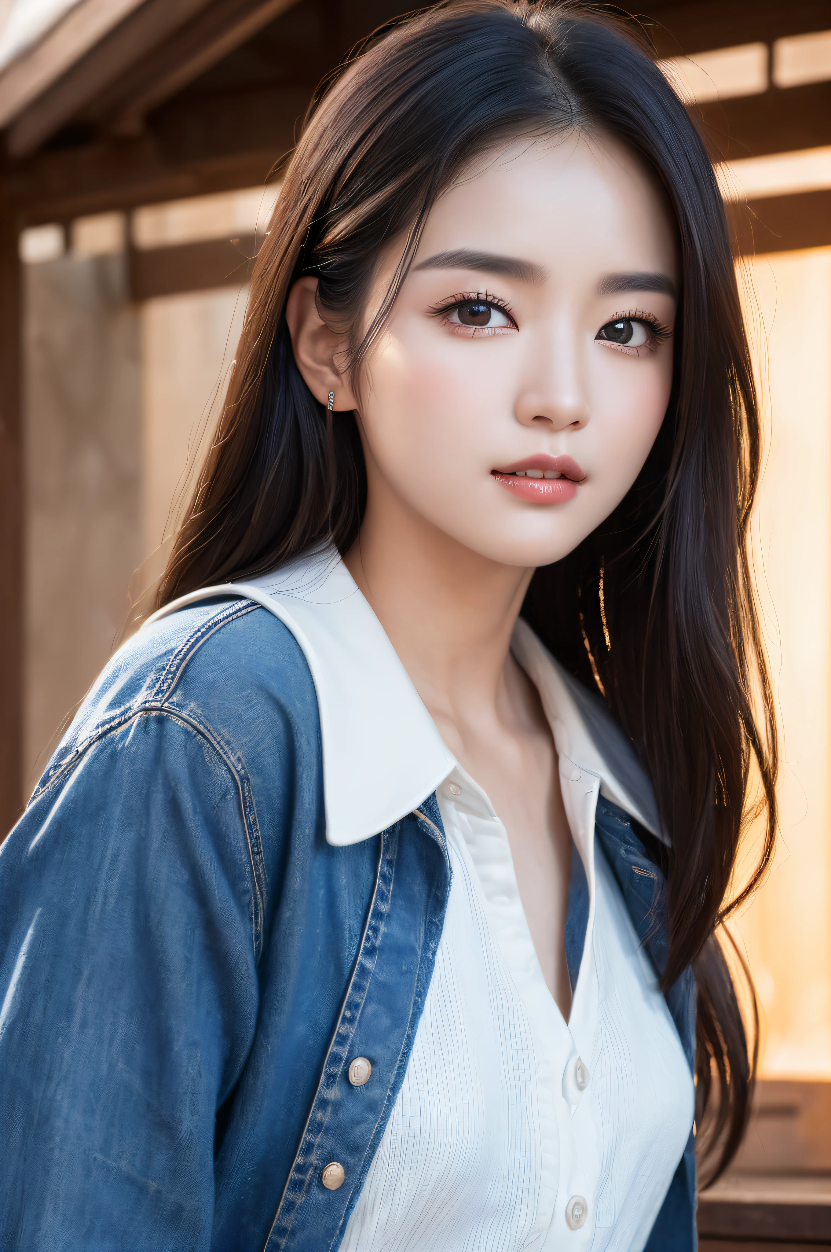 ((best qualtiy、8k masterpieces:1.3))、foco nítido:1.2、(ultra beautiful faces:1.0)、(shinny skin:1.0)、photos realistic、A dark-haired、Video Lighting、High-definition eyes and face、Video Lighting、(cowboy  shot:1.3)、(Korean Cute Actress)、from the front side、medium large breasts、ssmile、Sleeveless、Wearing a white blouse