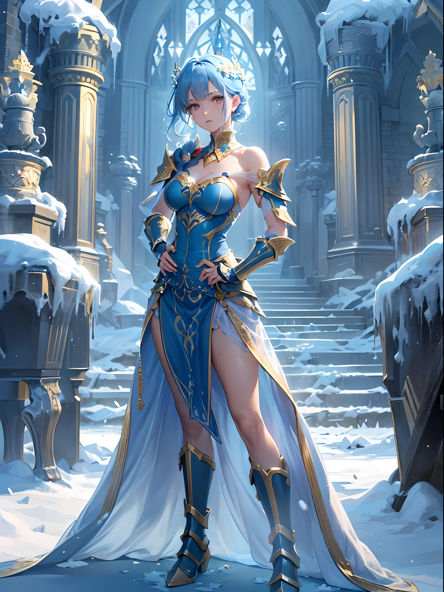 ((masterpiece)), ((best quality)), realistic lighting, HDR, ultra high quality, 4K, ray tracing, unreal engine, bold colour, ((solo)), ((1girl)), full body, expressive eyes, perfect face, bright blue hair, ((bright red eyes)), ice queen expression, young girl, aggresive eyes, serious face, medium breast, thighs, blue dress, blue dress, tight blue dress, (transparent panties see through skirt:1.5), ((blue skirt)), crystal clear skirt, (golden shoulders armor:1.3), golden boots, golden belt armor, black ice sword, royal palace, snowy battlefield, throne in the background, army behind, knight behind, depth of field effect, snow castle