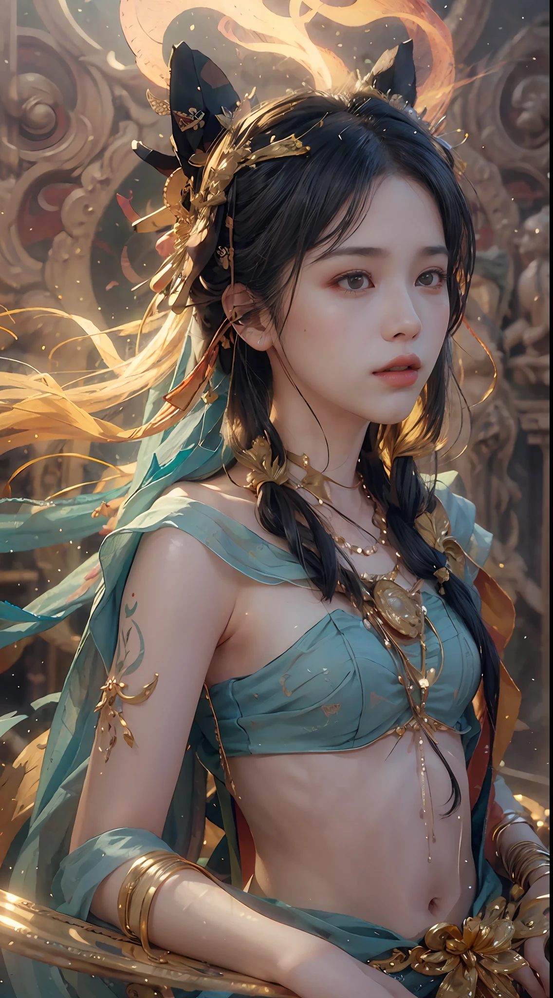 (RAW photo, best quality), (realistic, photo-realistic:1.3),best quality,highly detailed,masterpiece,ultra-detailed,illustration,1girl,upper_body,dynamic angle,world masterpiece theater,messy_long_hair,best quality,extremely detailed CG unity 8k wallpaper,ink,Amazing,cinematic lighting,lens_flare,,dunhuang_style