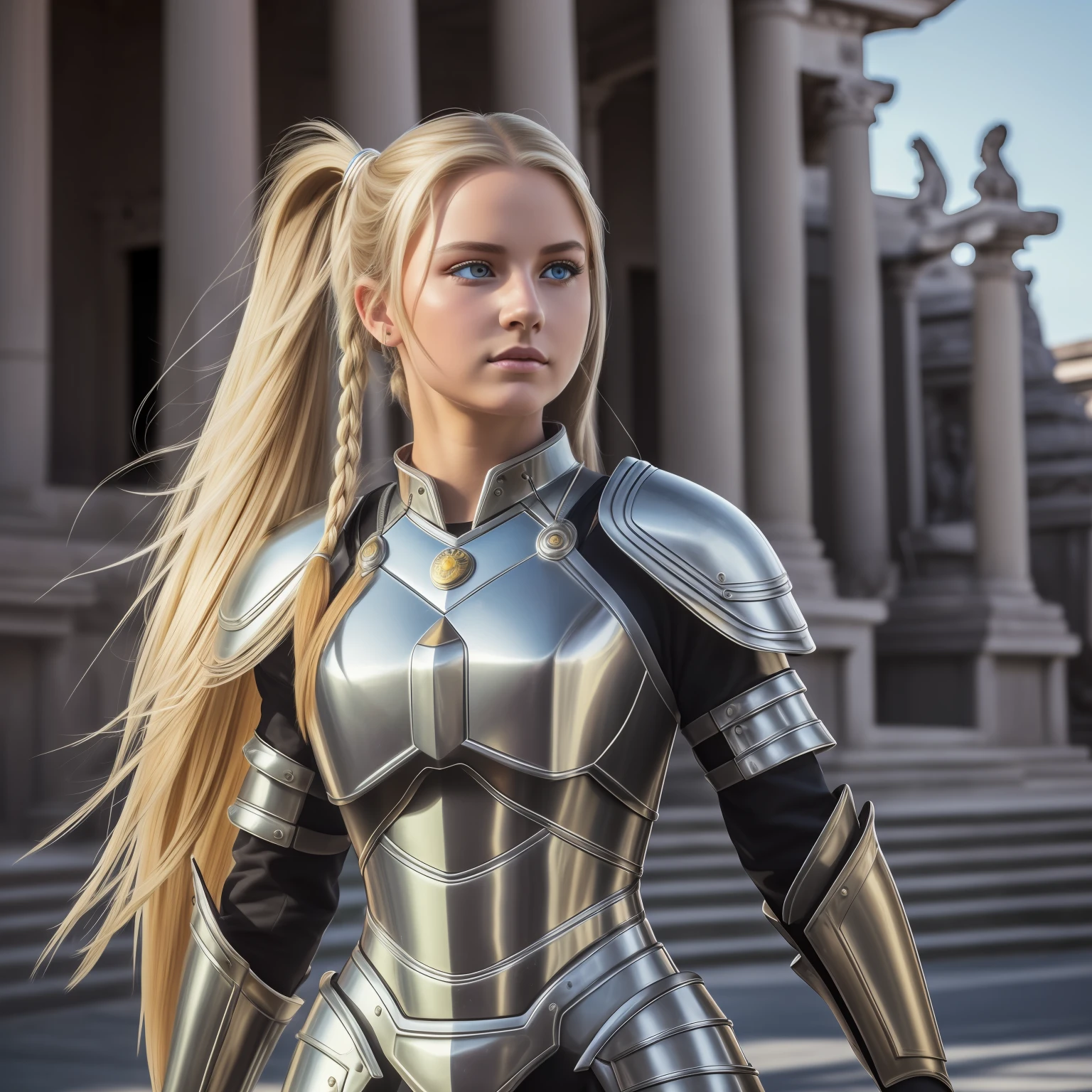 (8K, best quality:1.2), (masterpiece:1.37), (photo, photorealistic:1.37), (ultrahigh-res), full body, walking pose, shot from front, slow motion, female paladin wearing the full body, (light silver armour:1.2),(ornately decorated armor), (insanely detailed, bloom:1.5), (highest quality, Alessandro Casagrande, Greg Rutkowski, Sally Mann, concept art, 4k), (analog:1.2), (high sharpness), (detailed pupils:1.1), detailed face and eyes, Masterpiece, best quality, (highly detailed photo:1.1), (long blonde Hair, ponytail,ecstatic:1.1), (young woman:1.1), sharp, (perfect body:1.1), realistic, real shadow, 3d, (temple background:1.2), (by Michelangelo), photographed by Canan EOS R6, 135mm, 1/1250s, f/2.8, ISO 400