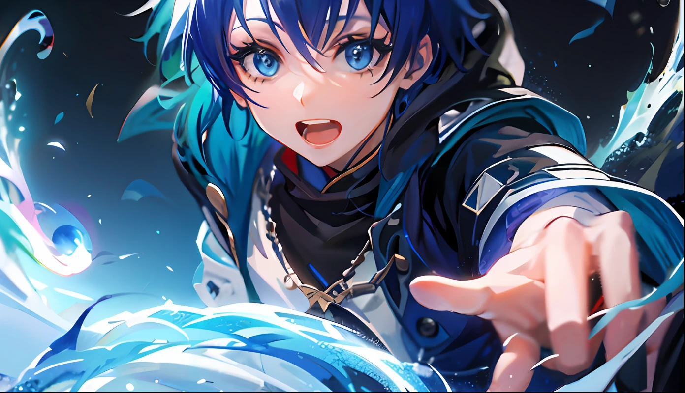 personagem de anime com olhos azuis e uma jaqueta preta segurando um objeto circular azul, Ezreal (Liga das Lendas, arte chave do anime, Demon Slayer rui fanart, cara bonito na arte demon slayer, estilo shadowverse, Mushoku Tensei, Keqing de Genshin Impact, tou, Anime Art Wallpaper 8K, Melhor Anime 4K Konachan Wallpaper
