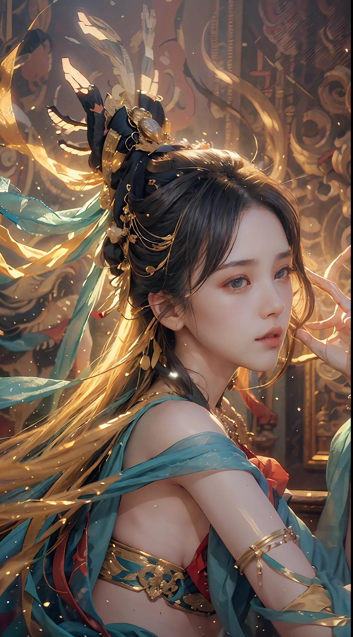 (RAW photo, best quality), (realistic, photo-realistic:1.3),best quality,highly detailed,masterpiece,ultra-detailed,illustration,1girl,upper_body,dynamic angle,world masterpiece theater,messy_long_hair,best quality,extremely detailed CG unity 8k wallpaper,ink,Amazing,cinematic lighting,lens_flare,,dunhuang_style