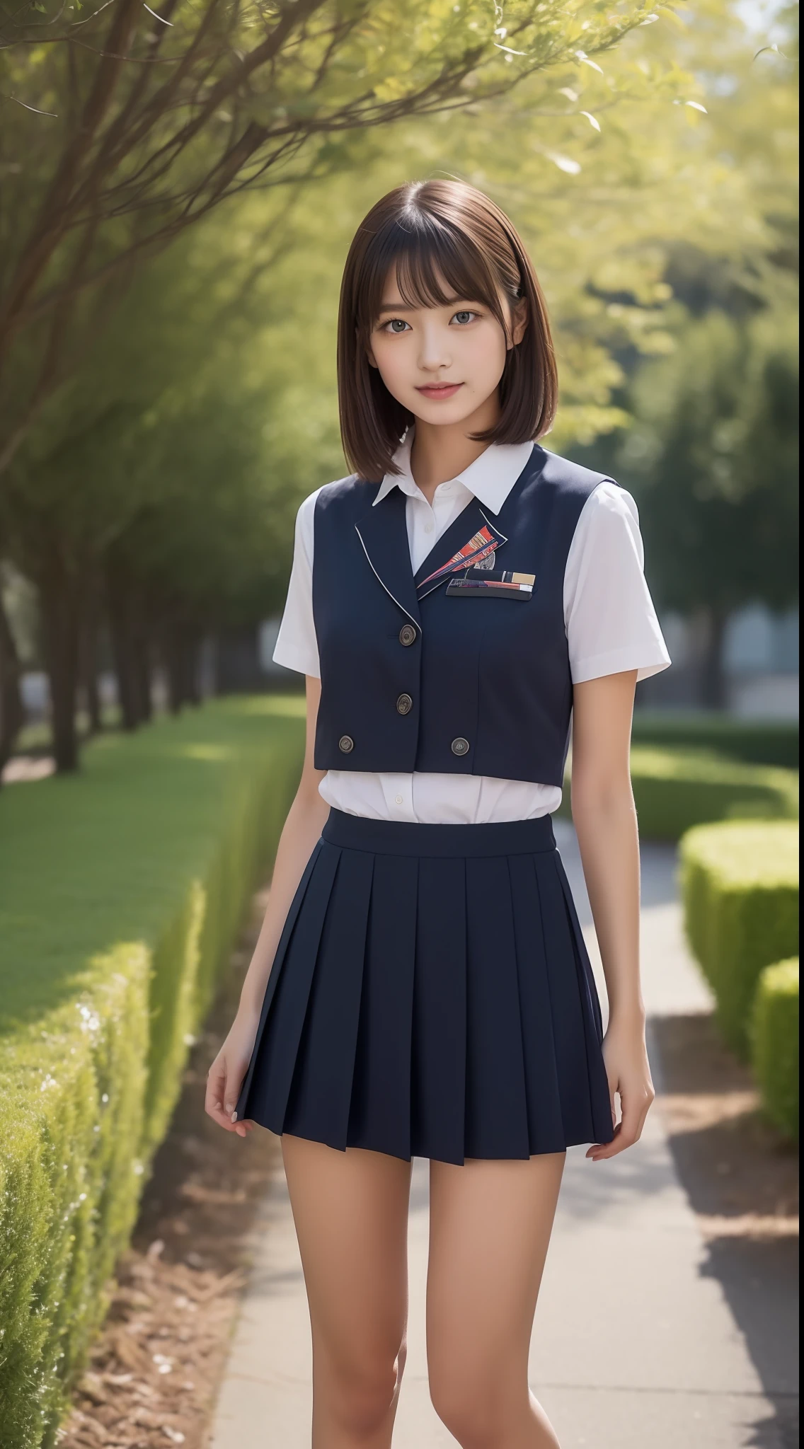 high-level image quality、8K、1 female、Solo Images、Beautuful Women、Schools、校服、cute little、Skirt above the knee、jpn、The whole body is shown、1 persons、Summer Uniforms、shortsleeves、Bob Hair