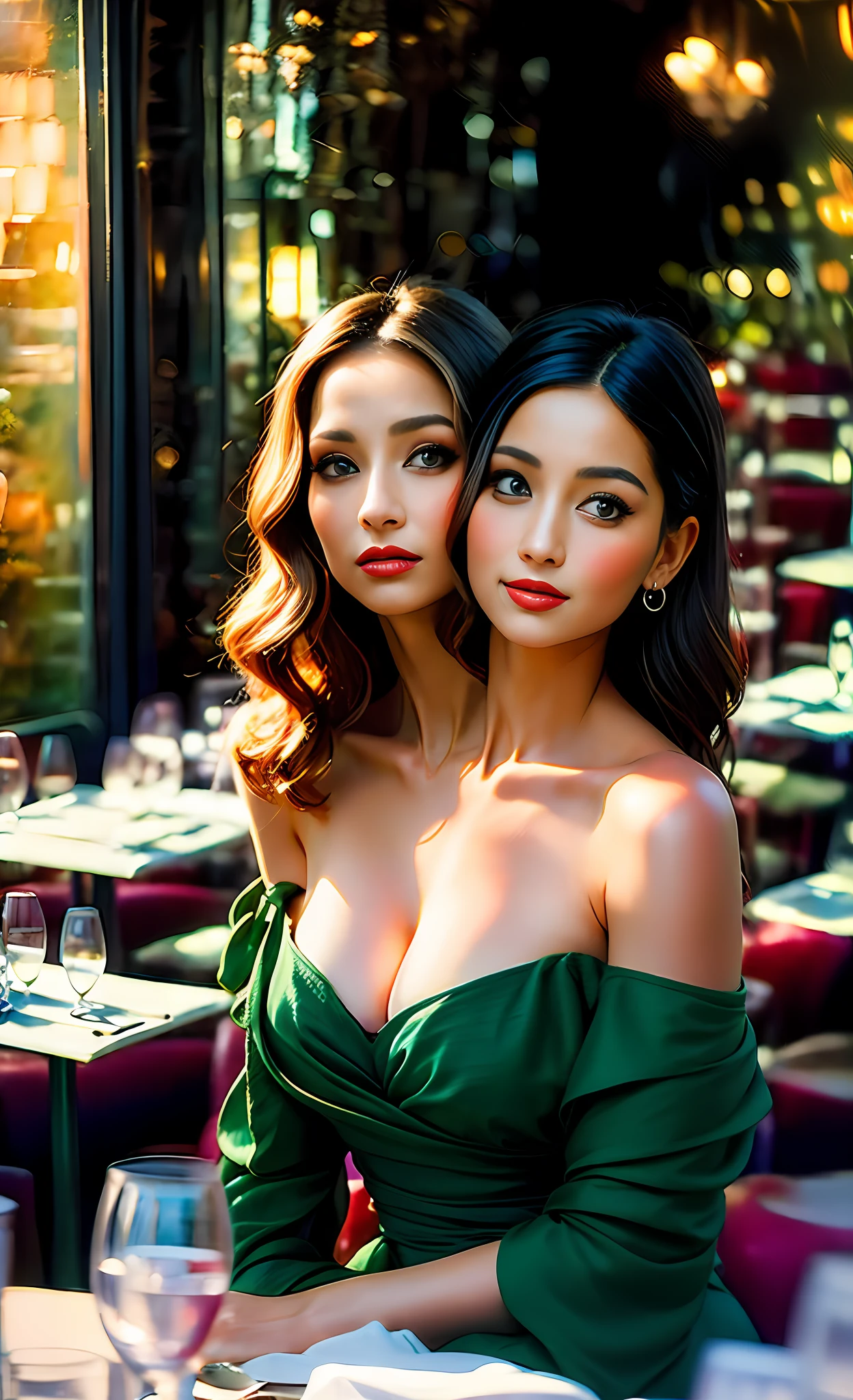 2heads,1 girl, monalisa smile, mesmerizing eyes, straight long hair, wavy hair,blonde hair, black hair, colorful flowing dress, poised posture, porcelain skin, subtle blush,
BREAK
soft shadows, vibrant colors, painterly effect, dreamy atmosphere, sitting across from viewer in table at restaurant
BREAK
Fancy restaurant in background, restaurant is packed, window showing city evening, ultra detailed, official art, unity 8k wallpaper
, zentangle, mandala