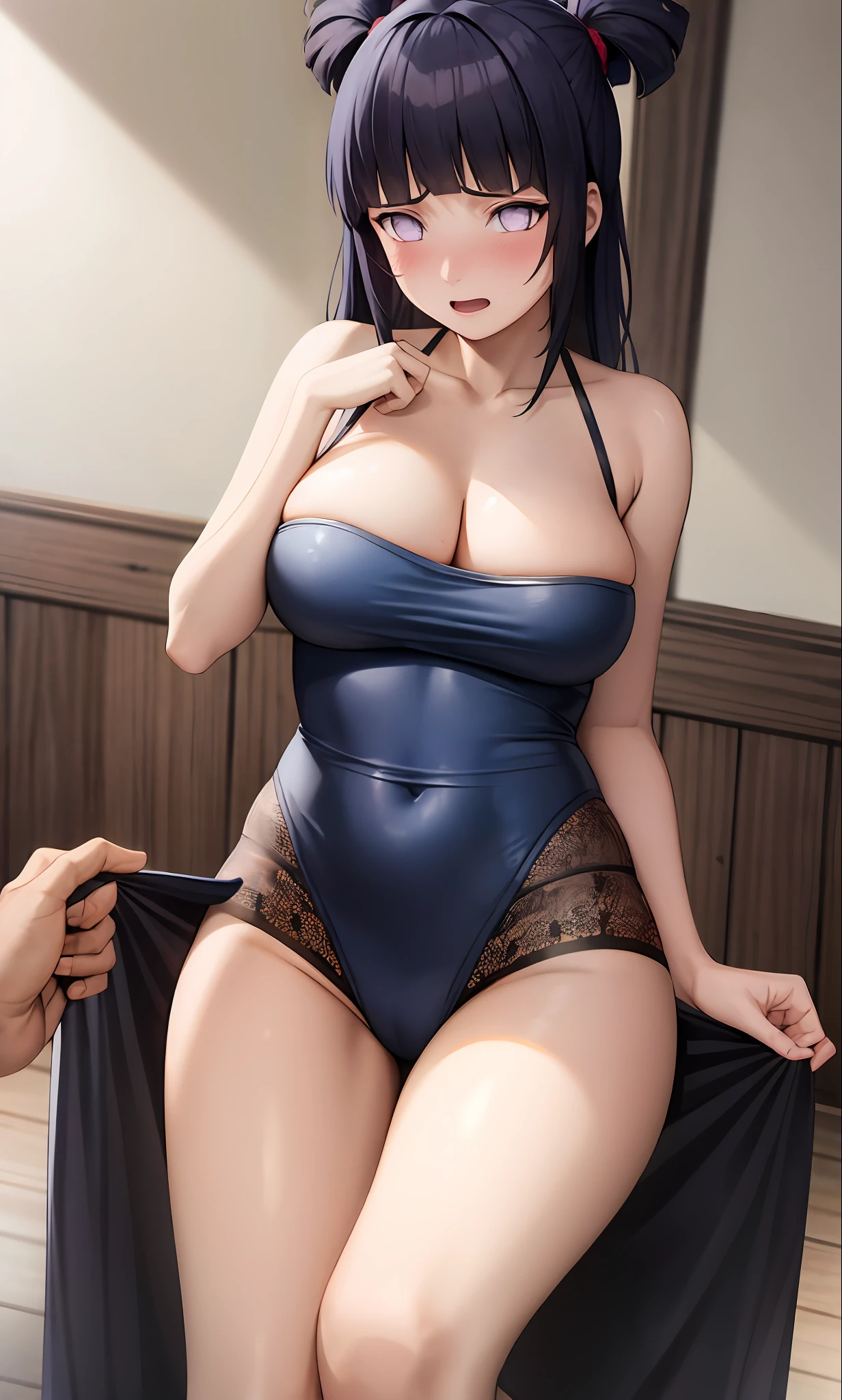 masterpiece, absurderes, (intricate detailes), (colourfull), 电影灯光, Highly detailed 8k CG unit wallpaper, 1 girl in, very Bigger breasts,Puppy position, pov, nsfw, Provocative, uptight, embarrassed from, red blush, ripped clothing, seminude,Hinata Hyuga,darkblue hair,length hair
