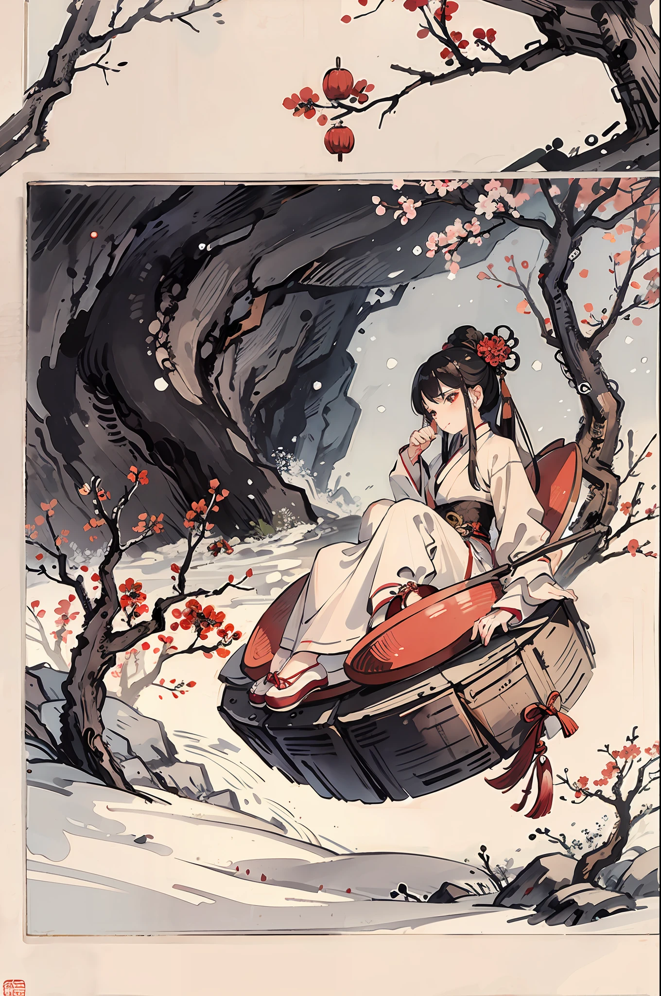 (Masterpiece, best quality: 1.2), traditional Chinese ink painting, plum blossom, snowing, red wall