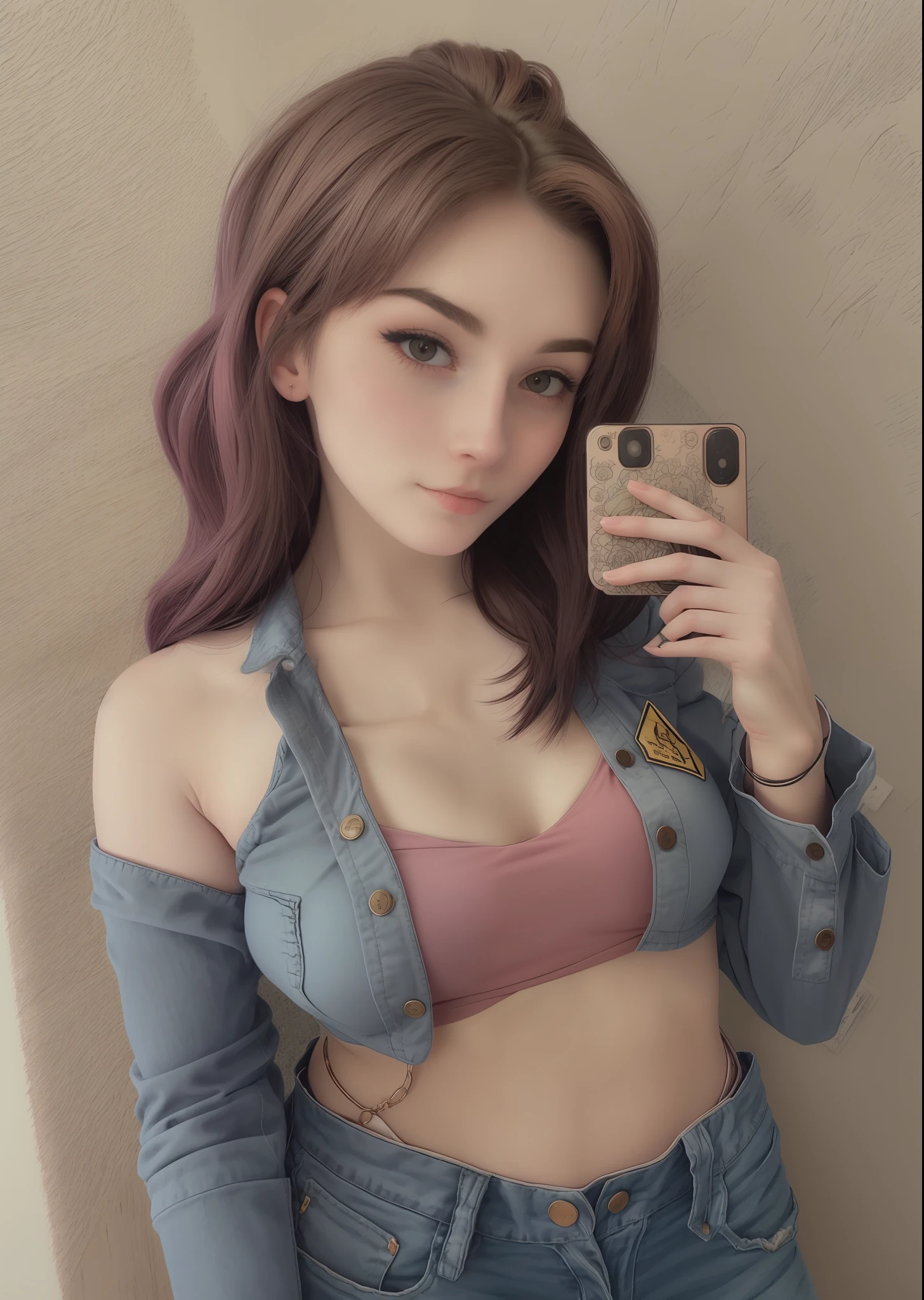 SA22 mulher vestindo uma camisa e jeans, (), olhos castanhos, cabelo castanho claro, bochechas rosadas, hiper realista, 4k, obra-prima, bonito, de frente para o espectador, headshot, ((pele branca)), decote, selfie espelho, maximum details