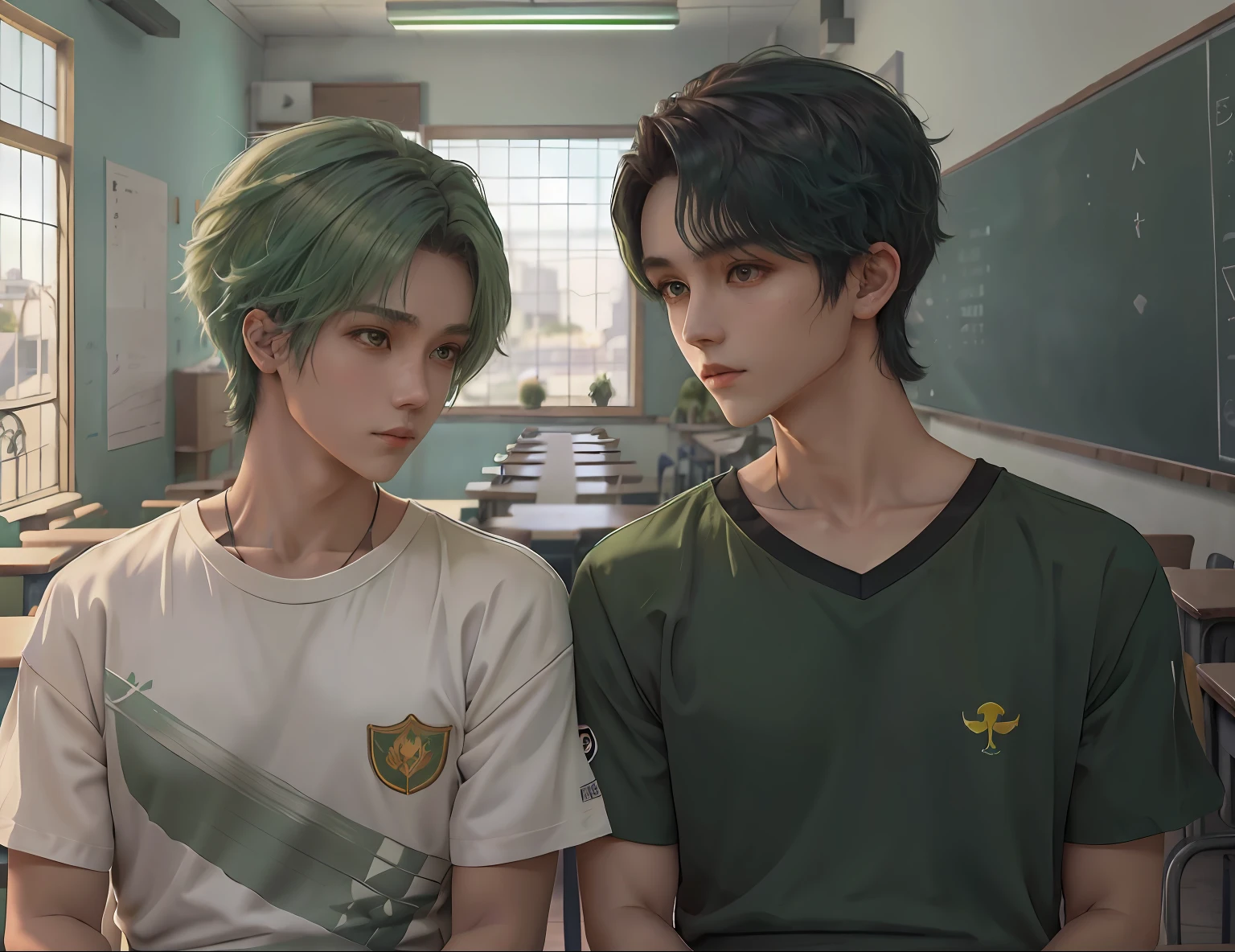 2boys , Parlero, cabello color verde dentro, (obra maestra, La mejor calidad, absurdos ), escuela, Classroom, Ropa deportiva, looking at eachother , rubor claro,