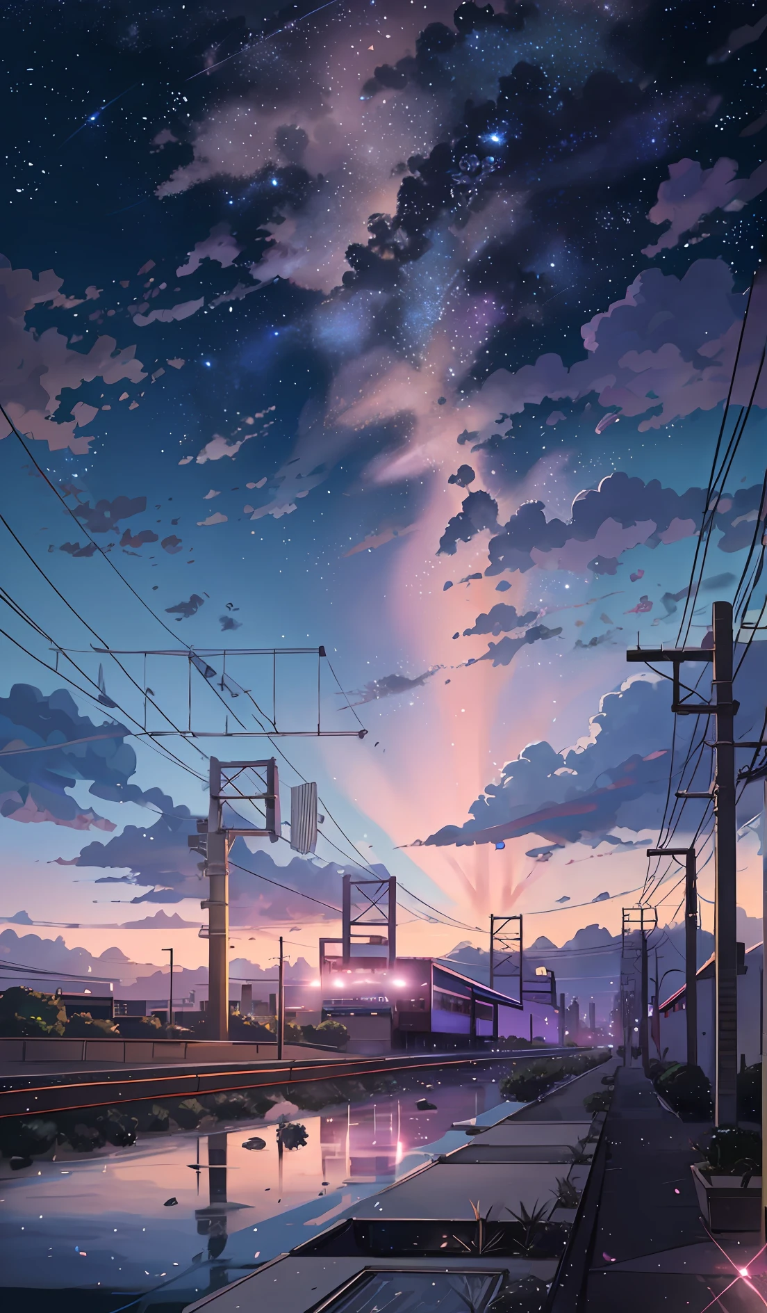 Anime scene of a city tall building in the distance under the stars，Anime drawing by Makoto Shinkai，Popular trends on pixiv，magic realism，beautiful anime scenes，Cosmos Sky。 By Makoto Shinkai, ( ( Makoto Shinkai ) ), By Makoto Shinkai, Anime background art, Shinkai Makoto style