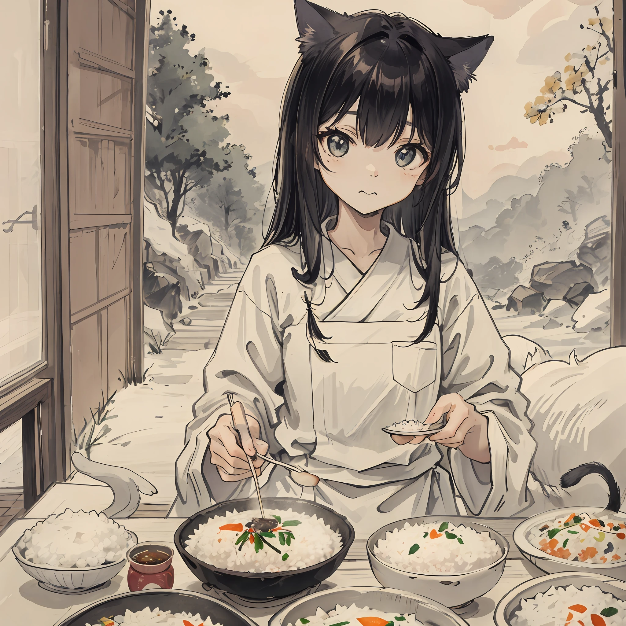 top-quality、8K、Eat rice、With a cat