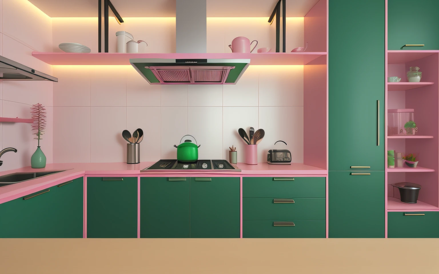 There is a kitchen with a pink stove, Forno rosa, and pink cabinets, Estilo 3D realista, estilo hiper realista, Stuning 3 D render, 3 d vray render, excellent 3d render, em estilo de ultra realista, Vrayized rendering, very realistic 3 d render, vray render, Visual moderno, renderizar no vray, bancada rosa, fornos rosa, estrutura metalica rosa com prateleira rosa, Parede rosa, tira a cor verde para colocar rosa --auto