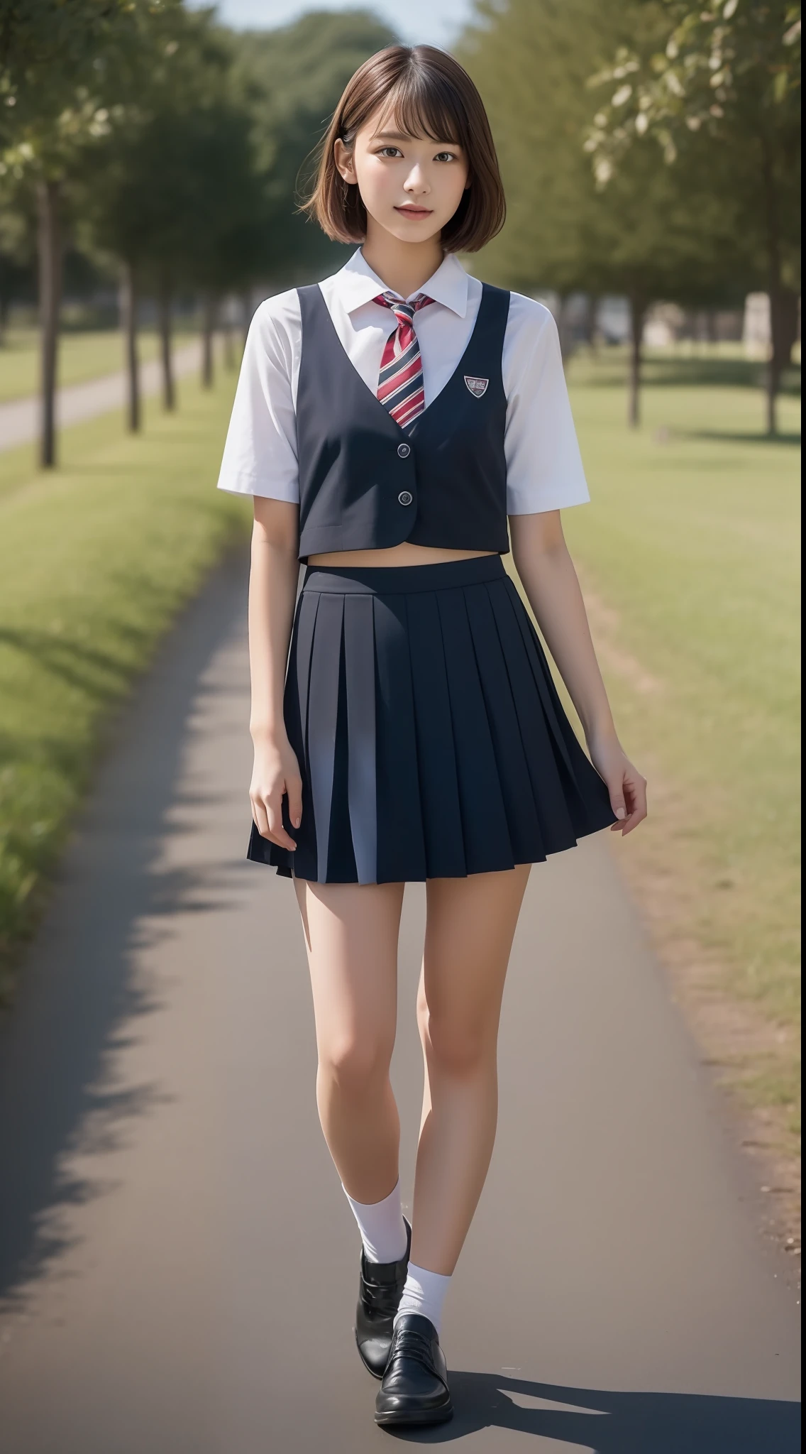 high-level image quality、8K、1 female、Solo Images、Beautuful Women、Schools、校服、cute little、Skirt above the knee、jpn、The whole body is shown、1 persons、Summer Uniforms、shortsleeves、Shortcut Hair