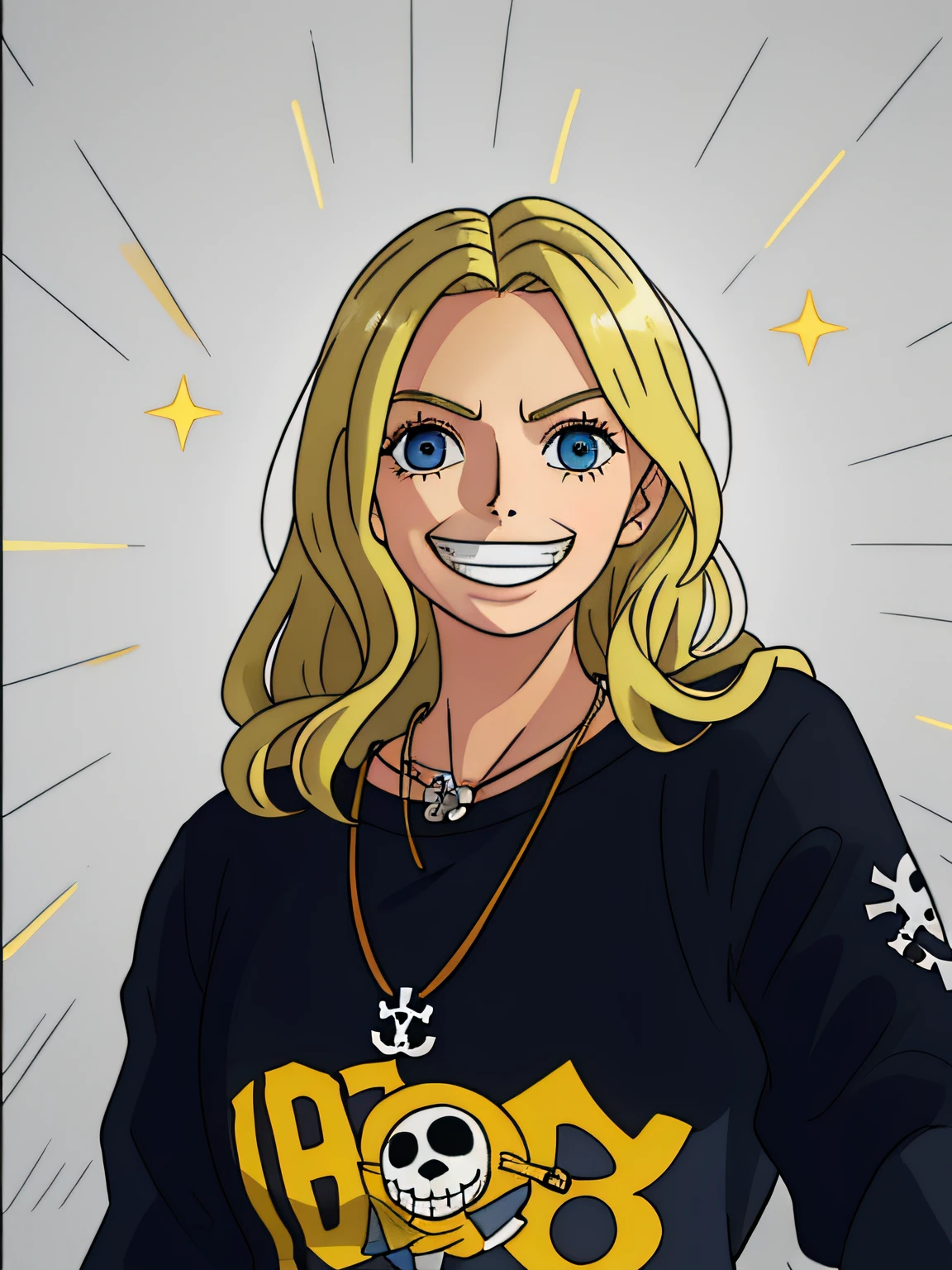 blond woman with long hair wearing a black sweatshirt and a necklace,（best detail）， （best qualtiy）， 2-dimensional， Cartoony， One Piece，pirate，grin face， the perfect face，Animate，There is light in the eyes，cheerfulness
