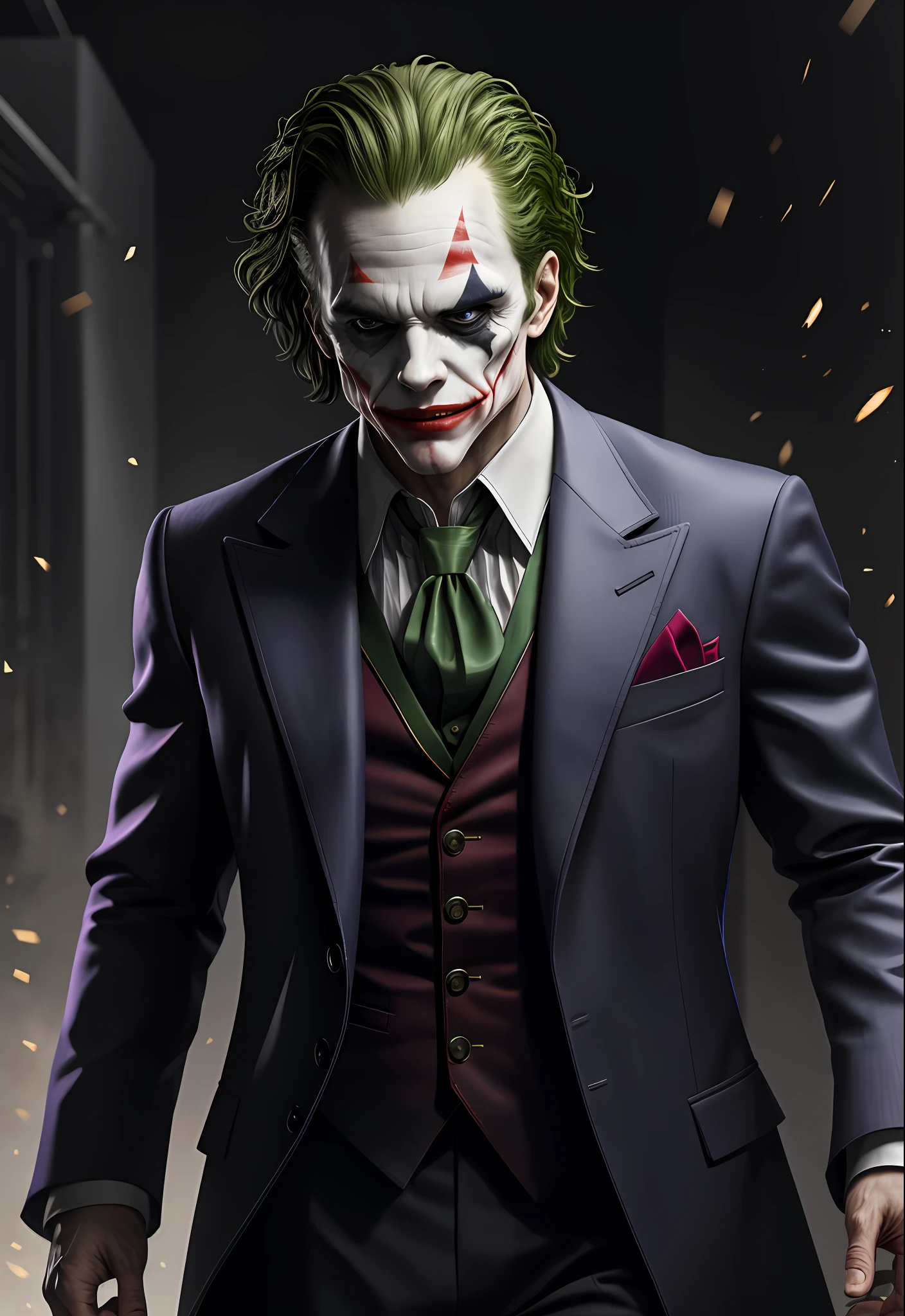 (8k, RAW photo, best quality, masterpiece:1.2), ultra detailed, official art, photo-realistic:1.37, upper body shot, DC Joker, film grain, action pose,  best quality, realistic, hyperrealistic, sharp focus, absurdres, good anatomy