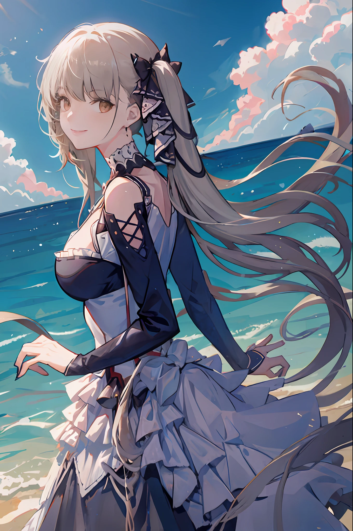 formidable_default, dress_default, cowboy shot, from side, from behind, looking at looking at viewer, smile, outdoors, blue sky, cloud, ocean