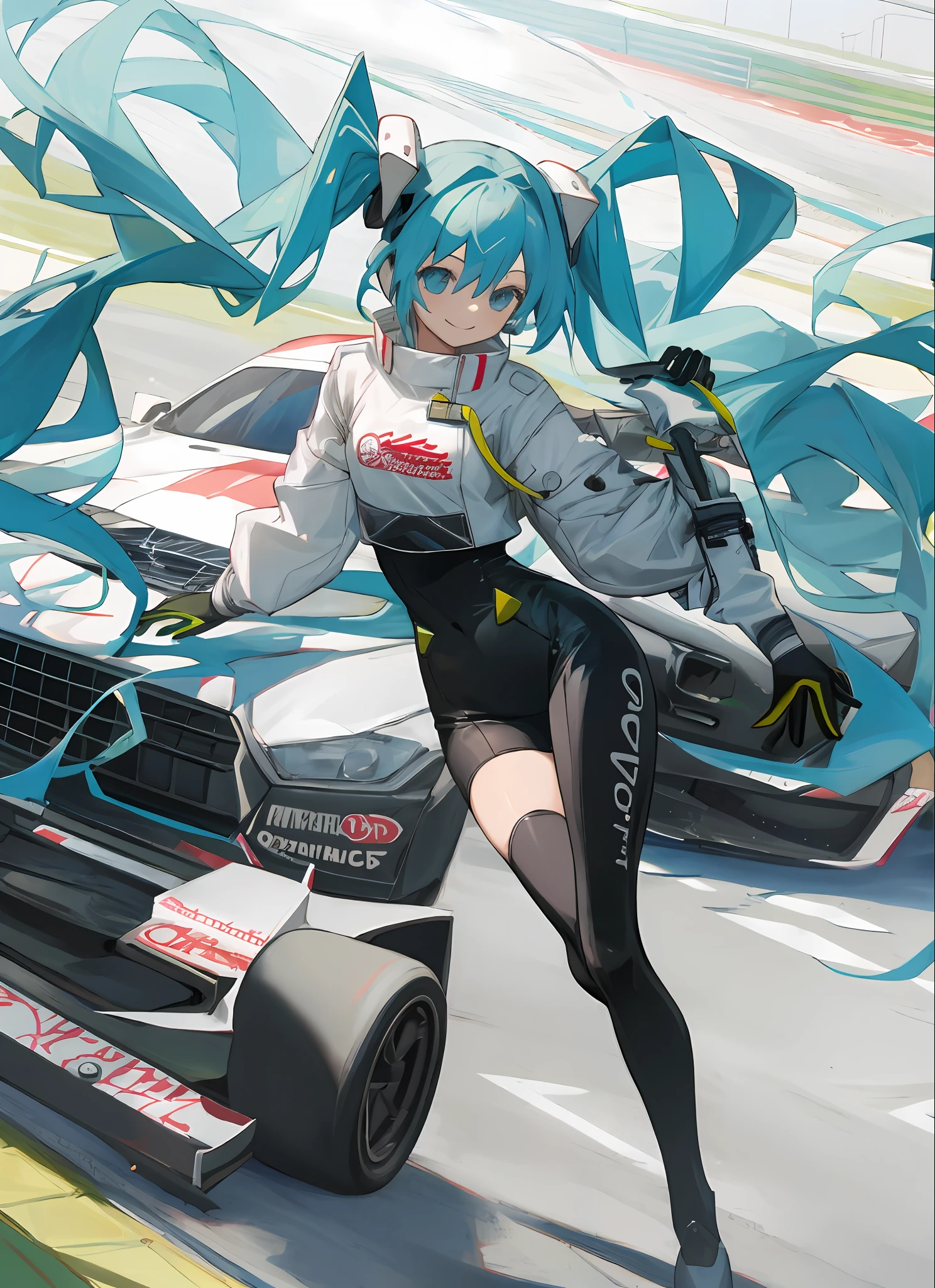 masterpiece,(ultra-detailed),1girl, smile, car,  racecar, circuit,  racing miku, black bodysuit, cropped jacket, white jacket, long sleeves, two-tone gloves, thigh boots,