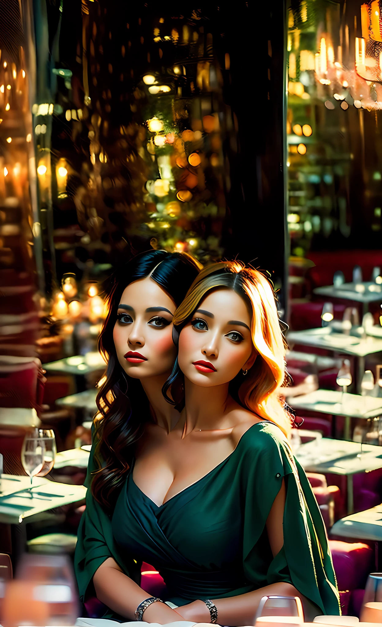 2heads,1 girl, monalisa smile, mesmerizing eyes, straight long hair, wavy hair,blonde hair, black hair, colorful flowing dress, poised posture, porcelain skin, subtle blush, 
BREAK
soft shadows, vibrant colors, painterly effect, dreamy atmosphere, sitting across from viewer in table at restaurant
BREAK
Fancy restaurant in background, restaurant is packed, window showing city evening, ultra detailed, official art, unity 8k wallpaper
, zentangle, mandala