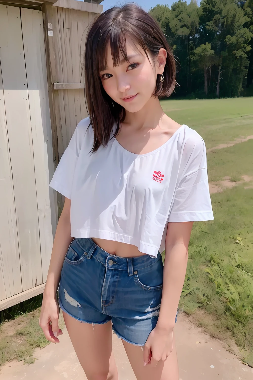 (8k、RAW Photography、top-quality:1.2、​masterpiece:1.2)、high-definition RAW color photography、professional photograpy、cowboy  shot、(realisitic、photos realistic:1.37)、
1girll、ciinematic light、(finerly detailed face:1.2)、(kindly smile)、(Look at viewers:1.2)、KPOP Idol、casual clothing、tshirts、short-cut
(flat-chest:1.45)