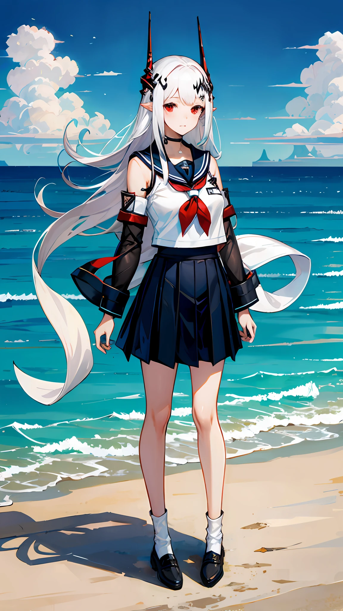 1girl, woman, mudrock (arknights), red eyes, solo, long hair, horns, (sailor uniform, serafuku), school uniform, hair ornament, pointy ears, breasts, white hair, oripathy lesion (arknights), infection monitor (arknights), bangs, breast, full body, standing,  mudrockdefclass, black horns, horns, beach background, blue sky, clouds,