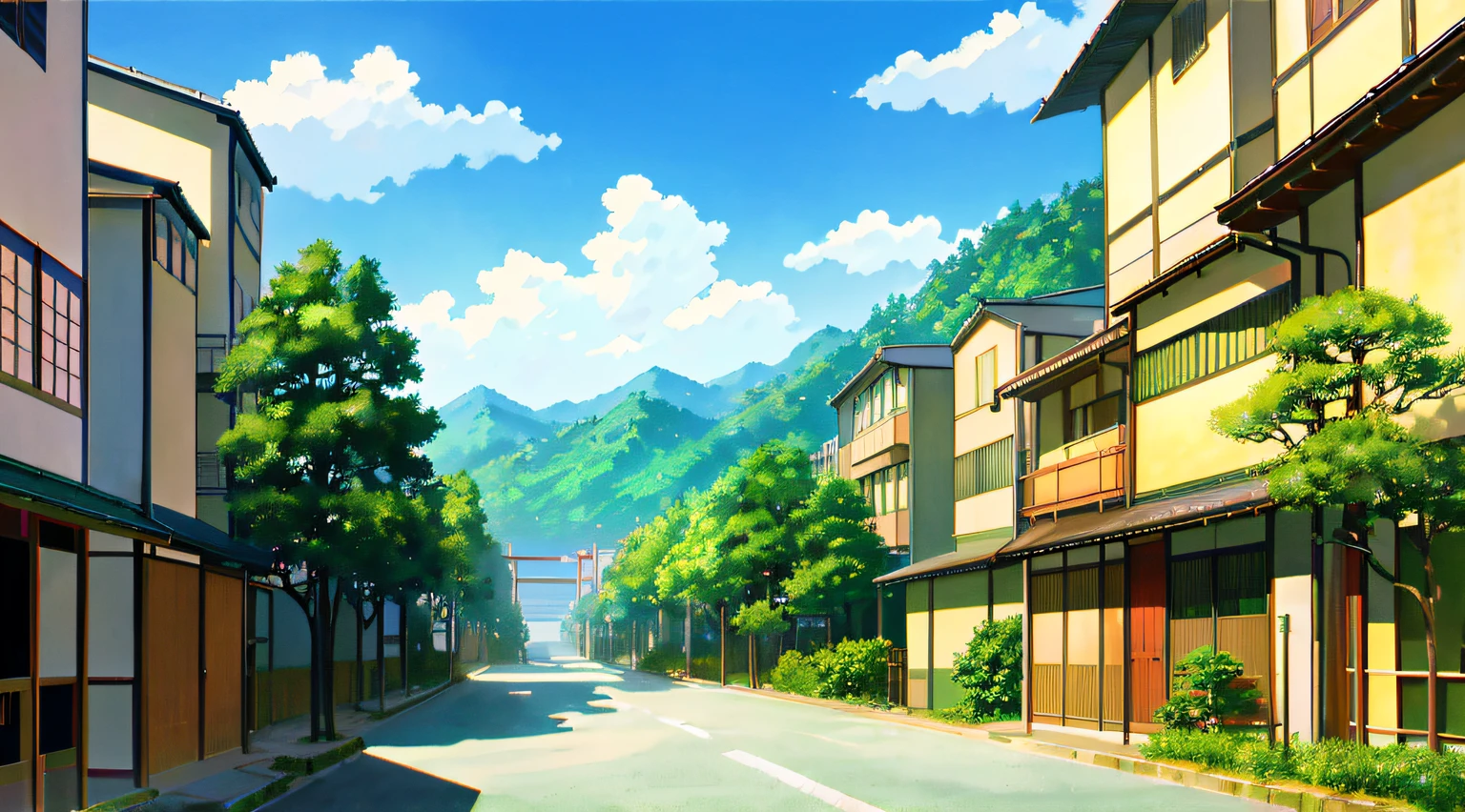 超高分辨率，4k高清，illustration like anime background, a line drawing， residential area, Japan people's quarter, Japan street, house and road, sloping street, single street, Japan town, modern neighborhood, empty cityscape，Anime background art，High detail street，Estilo de Makoto Shinkai，Studio Ghibli Sunshine，beautiful anime scenes，beautiful anime scenery，Detailed landscapes