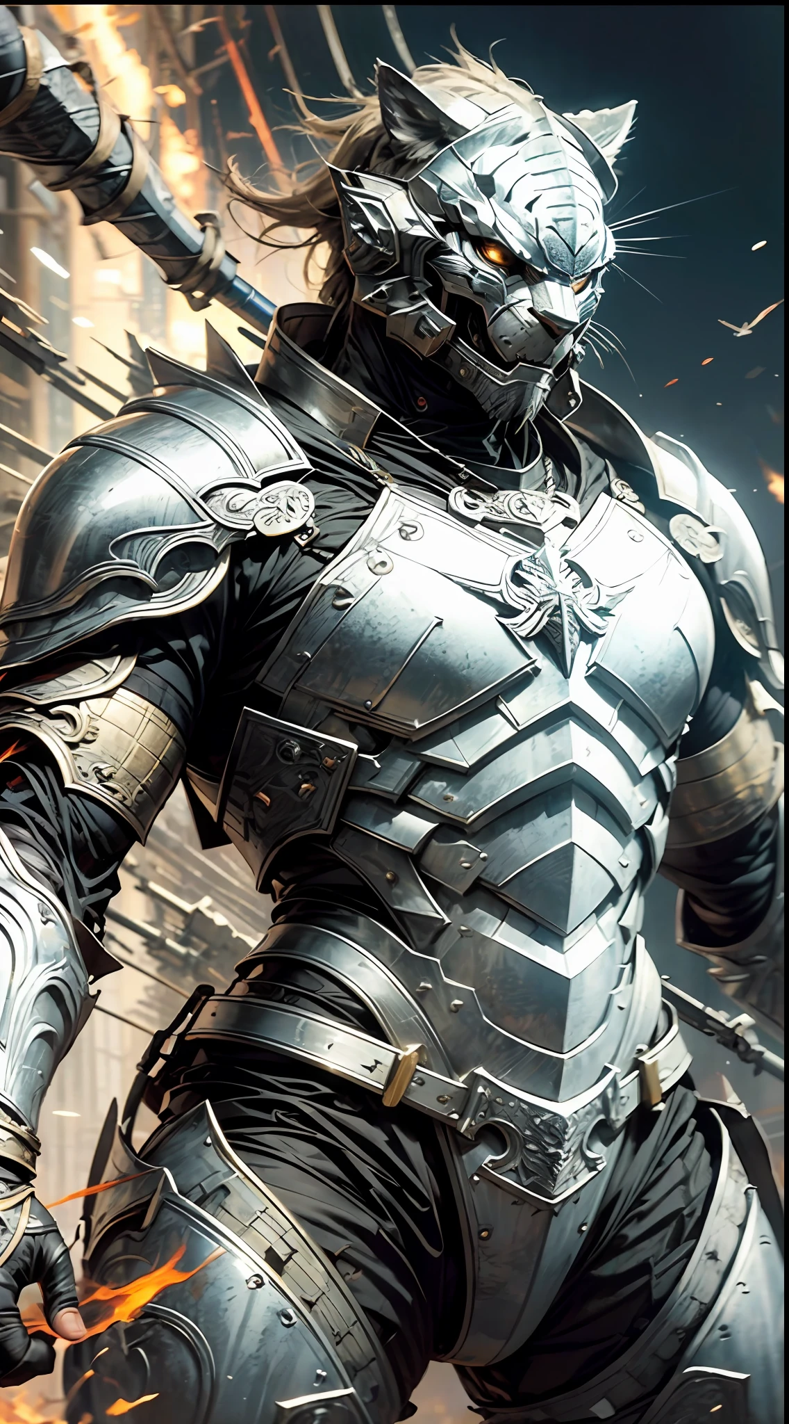 "Footage from the Silver Armored Tiger Warrior movie，strong，Mighty，male，Elaborate heavy armor glistens in movie lights。”
