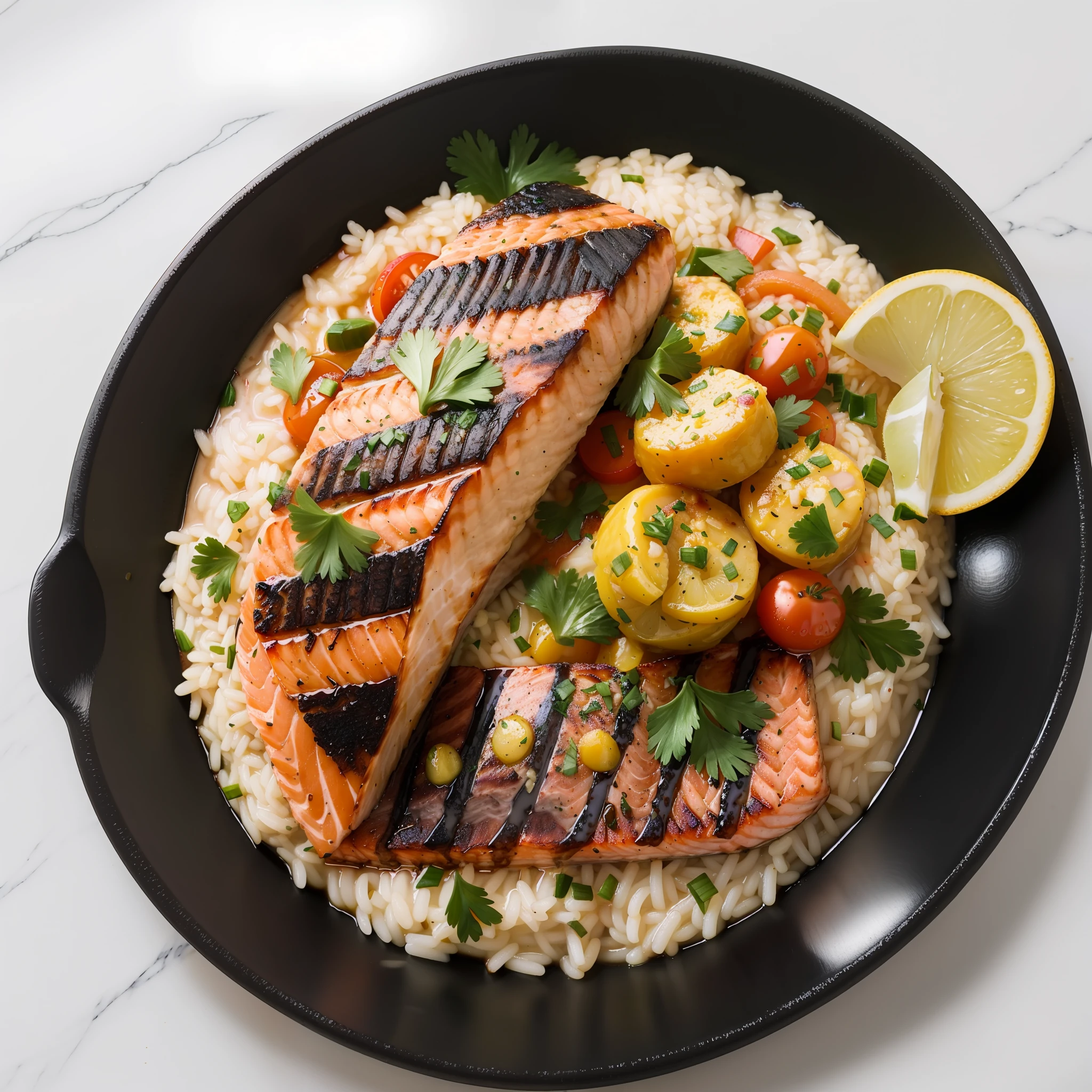 "Imagine a carefully prepared cooking dish, com cores vibrantes e ingredientes frescos. The image reveals a juicy grilled salmon fillet, com uma crosta dourada e crocante. Next to the salmon, There's a well-assembled portion of creamy risotto, envolto em um molho de queijo derretido. The risotto is sprinkled with chopped fresh herbs, providing an irresistible aroma. The colors of the dish are enhanced by a garnish of fresh and crispy vegetables, incluindo aspargos grelhados, cenouras baby e tomates cereja. The dish is decorated with final touches of microgreens, adding a dash of elegance. This image certainly arouses the appetite and the desire to taste this delicious meal."