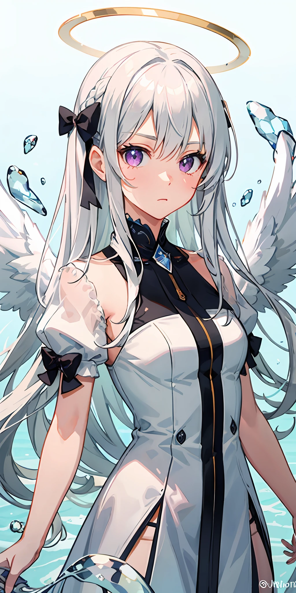 {the best ever}, {top-quality}, The girl was expressionless, Angel, Animated, The upper part of the body_Body, Very long hair, Hair intake, White hair floating messily, Beautiful face, extremely detailed cute anime face, Purple eyes, bow ribbon, Halo, angel wing, white_Dress, flowingwater, Detailed ice, Surreal, Facing the front,