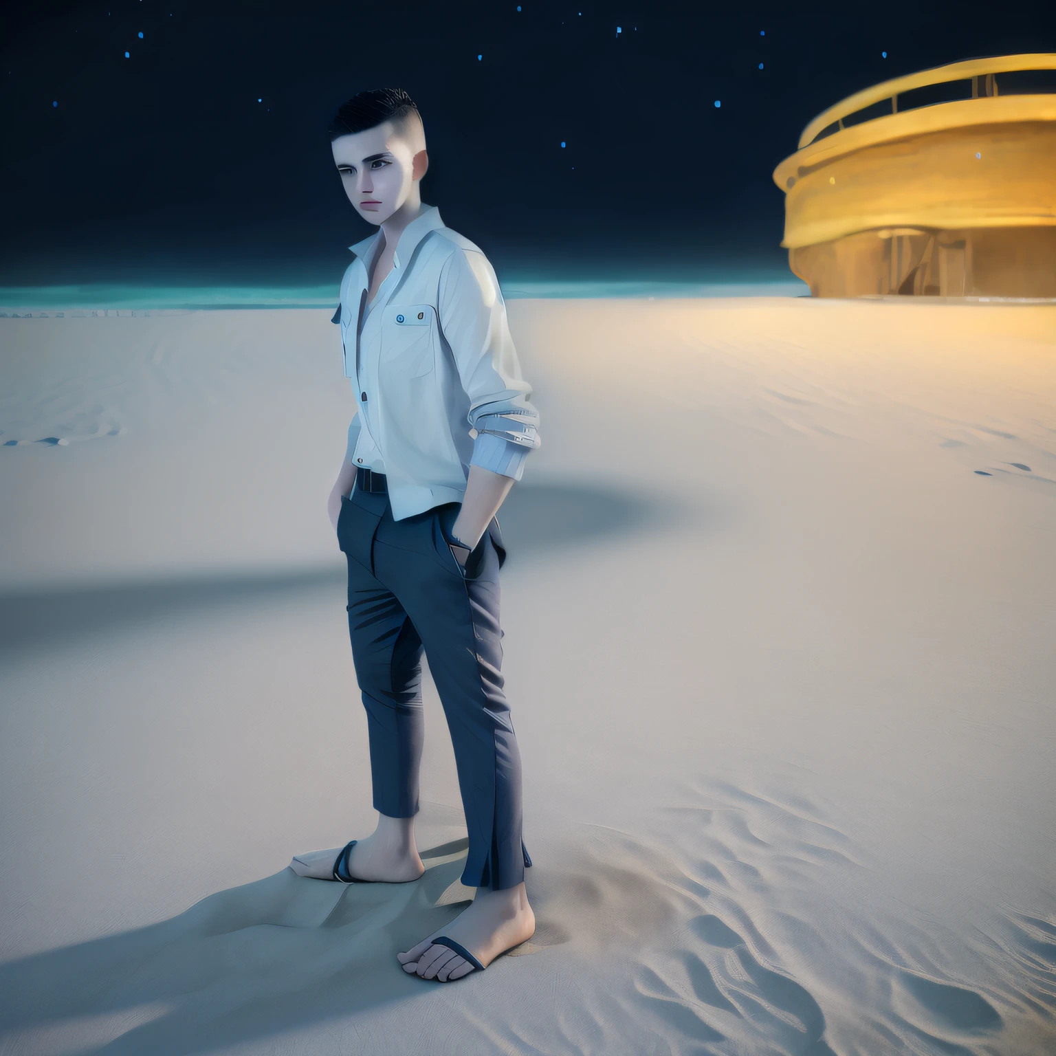 Hay un hombre blanco joven con cabello crewcut con chompa gris y falda azul marino parado en la arena, parado en la playa por la noche, hombre con peinado crewcut, por Eglon van der Neer, editorial photograph, octane render, Night melancholy photo, (fantasy), noche, escena surrealista, Foto surrealista, 3D, flotando en la noche del desierto, escena triste --auto