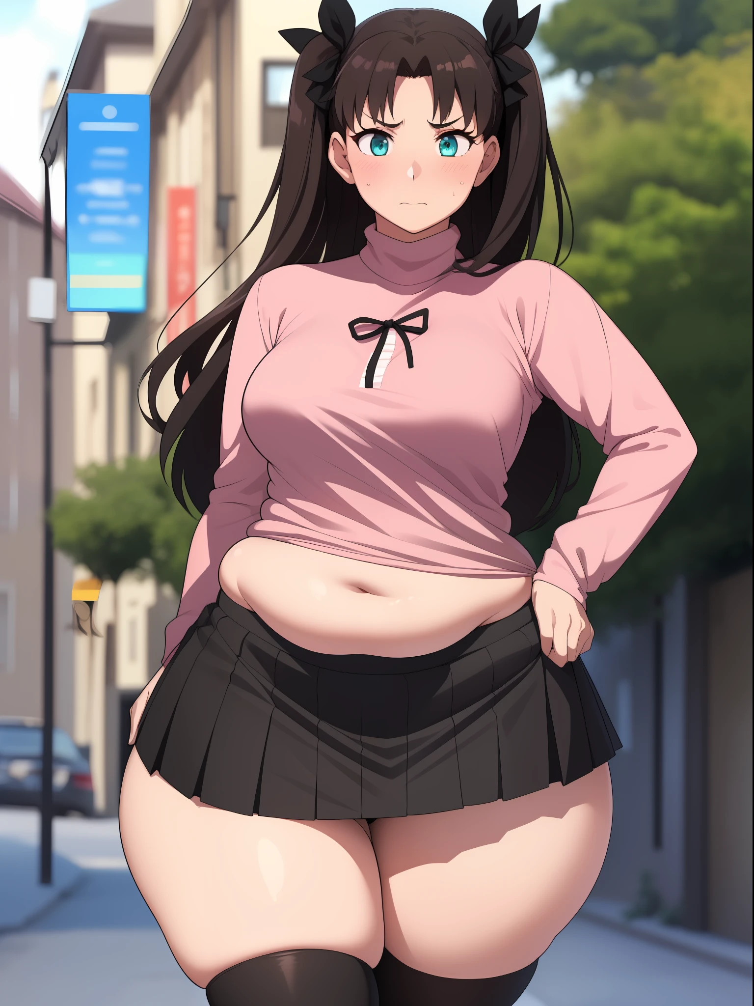 ((kipteitei art)), ((masterpiece)), (((best quality))), ((ultra-detailed)), (((illustration))), detailed face, ultra cute face, detailed body, ((1girl)), ((solo)), ((Rin Tohsaka)), aqua eyes, black hair, hair ribbon, long hair, ribbon, sidelocks, black thighhighs, long sleeves, miniskirt, pleated skirt, red sweater, skirt, (((undersized skirt))), ((skirt tug)), sweater, turtleneck, looking at viewer, cowboy shot, hand on hip, tsundere, blush, embarrassed, (small breasts), perky breasts, (pudgy), belly hang, belly bulge, ((((wide hips)))), (((thick thighs))), (((fat ass))), (((thicc))), walking down the street, town,
