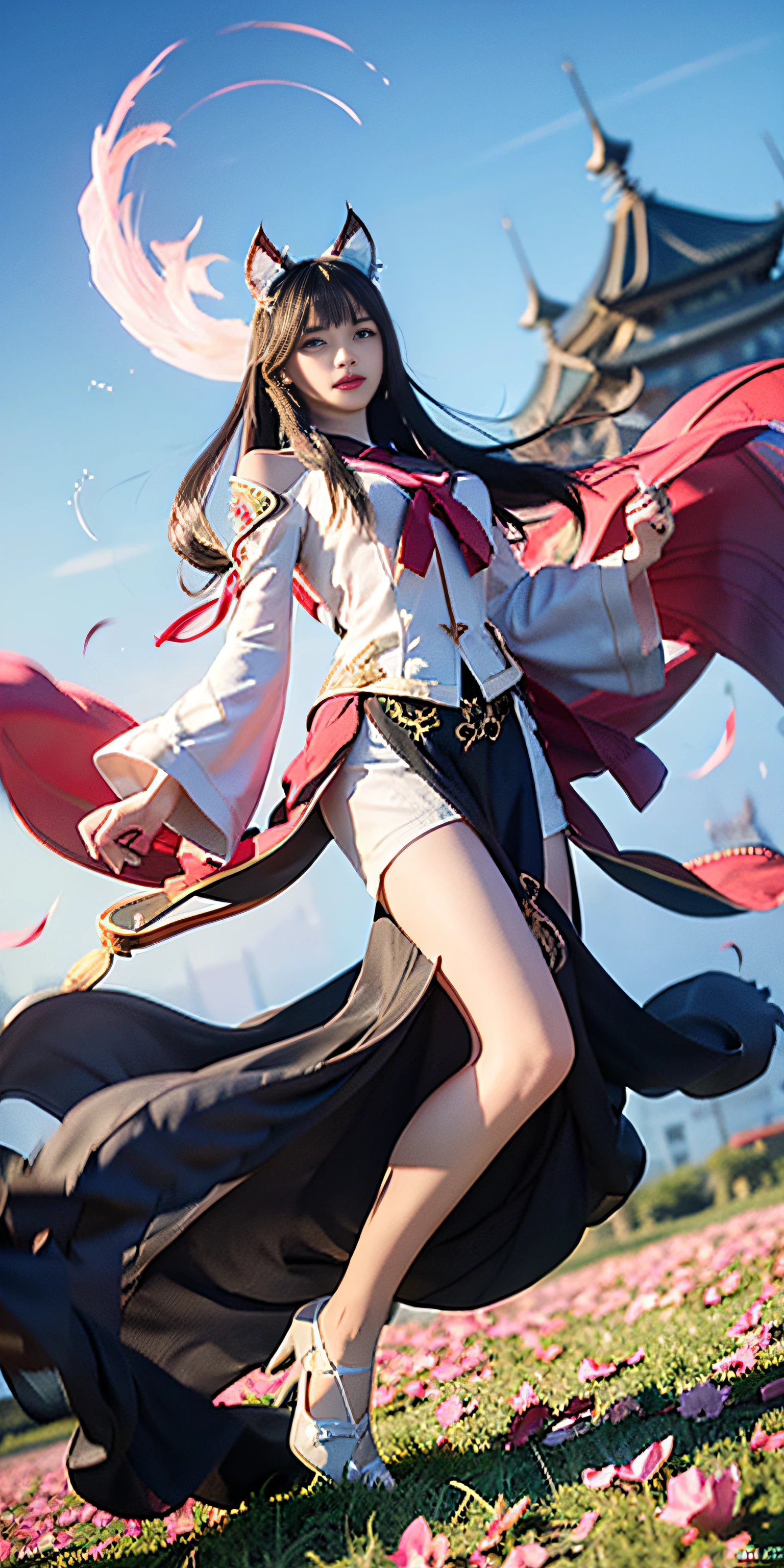 ahri, zhongfenghua, 1girl in, (Full body) Solo, flower  field, florals, (White smoke:1.3) (Photorealistic:1.4), Zentangle, mandalas, Entangle, Official art, Unity 8k壁纸, ultra-detailliert, Beautiful and aesthetic, masutepiece,Best Quality, (Dynamic Angle:1.4), Glowing skin, (floating colorful sparkles:1) Most Beautiful Form of Chaos, Elegant, a brutalist designed, vivd colour, Romanticism Depth of Field,