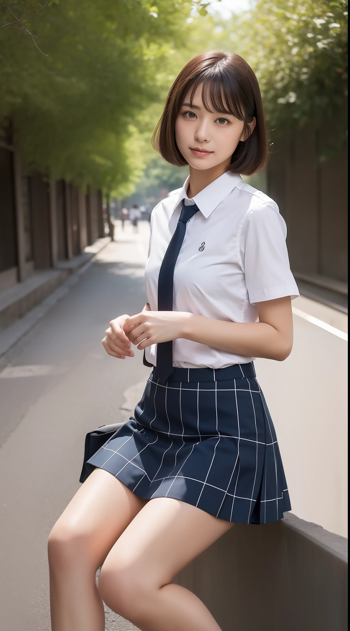 high-level image quality、8K、1 female、Solo Images、Beautuful Women、Schools、校服、cute little、Skirt above the knee、jpn、The whole body is shown、1 persons、Summer Uniforms、shortsleeves、Shortcut Hair、dual