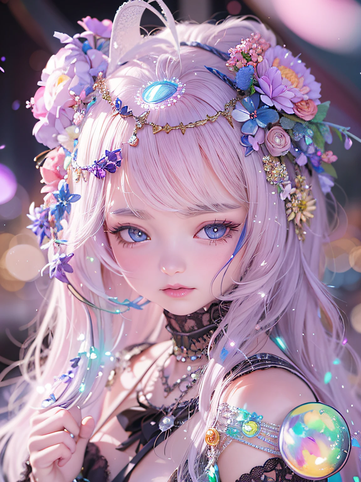 Close up portrait of a person wearing a flower crown, 8k high quality detailed art, 🌺 cgsociety, Anime style. 8K, portrait of the magical girl, artwork in the style of guweiz, anime style 4 k, Fantasy Art Style, ethereal flowerpunk, luts, kawaii realistic portrait, fairycore, beautiful fantasy anime, ethereal fantasy