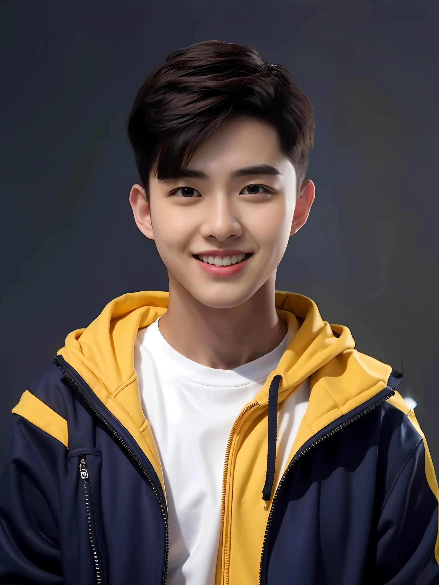 A Chinese male high school student,Wearing a yellow casual sweatshirt in PVC