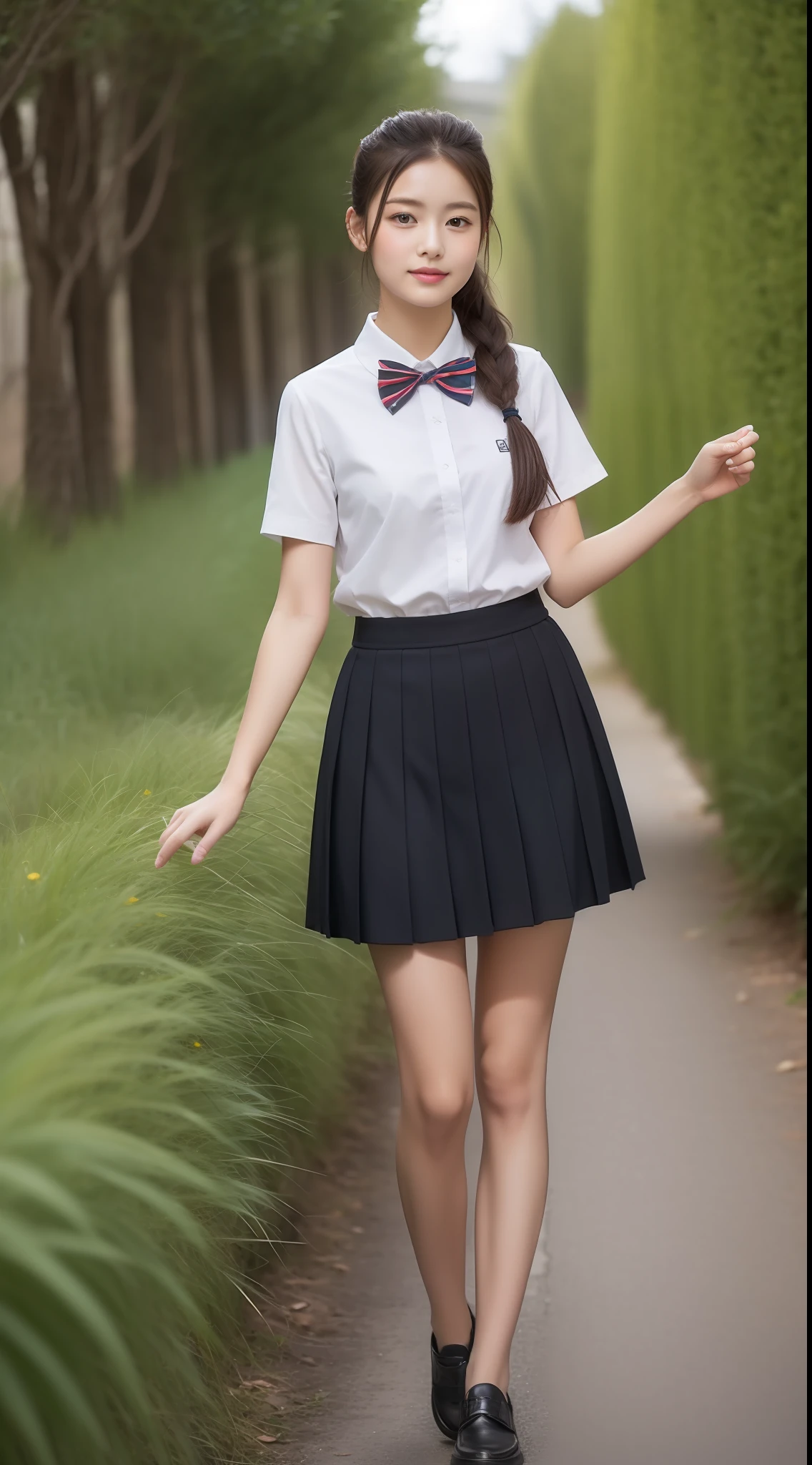 high-level image quality、8K、1 female、Solo Images、Beautuful Women、Schools、校服、cute little、Skirt above the knee、jpn、The whole body is shown、1 persons、Summer Uniforms、shortsleeves、Ponytail hair、dual、