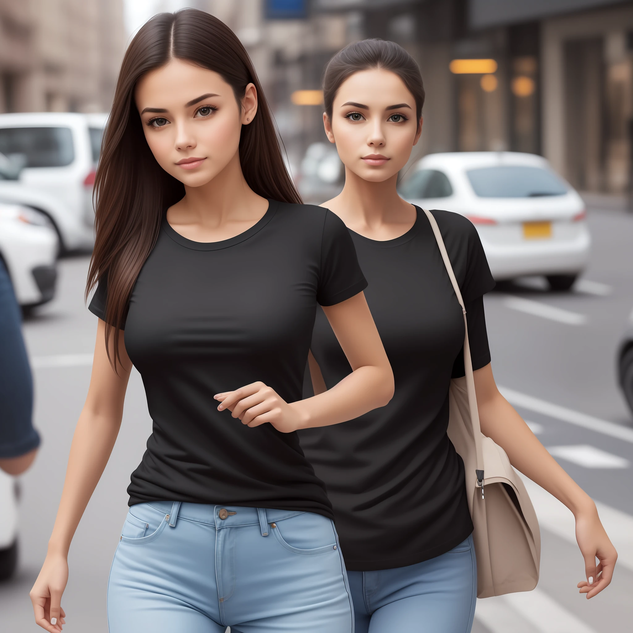 create a t shirt mock up, of a average looking woman wearing a black t shirt in a city, make it look like a real human creases in the face, no filters, all natural looking human skin