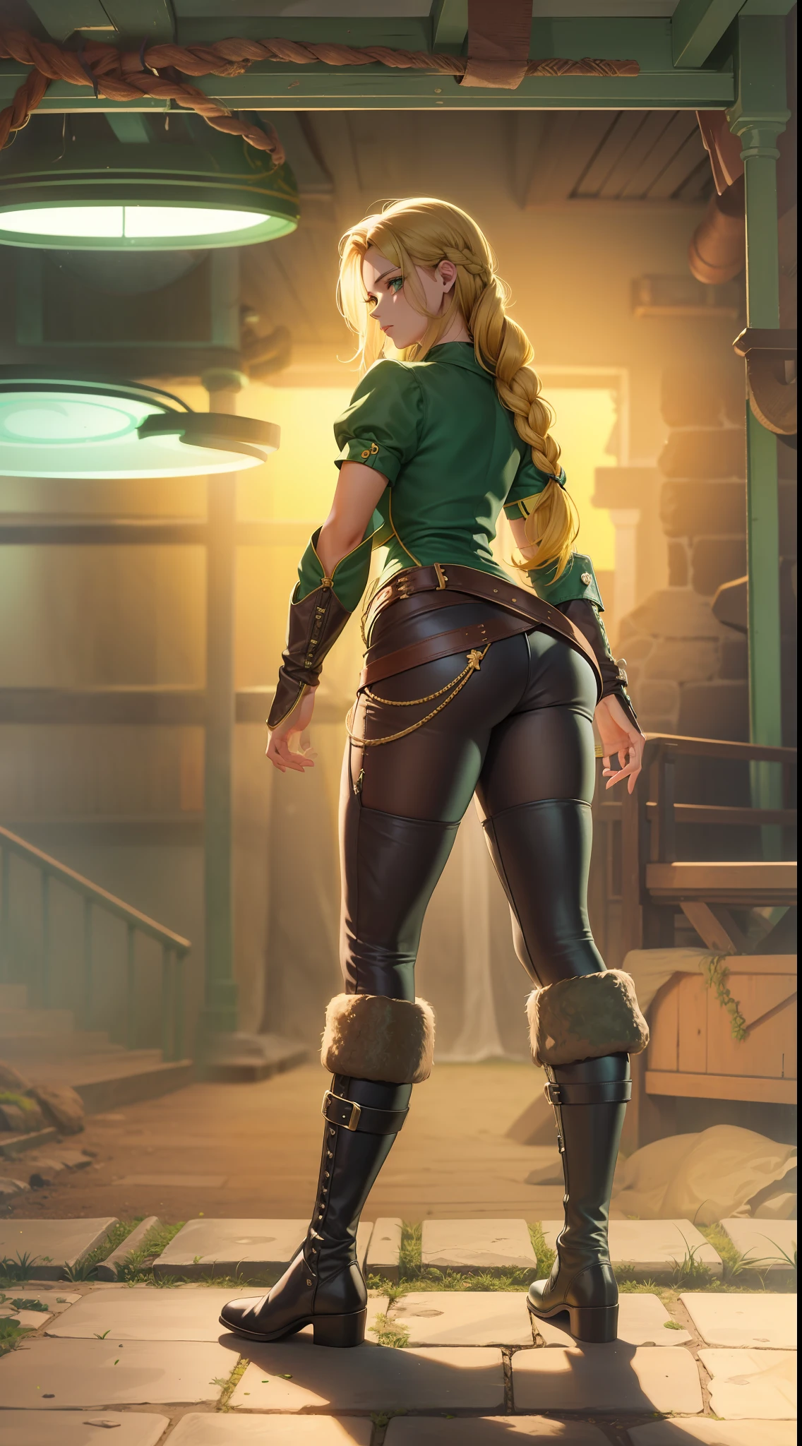 mulher loira, 25 anos, sensual, pele clara, cabelo dourado, (((cabelo amarelo))), roupa verde, boina verde, cabelo longo, hair with long braid, menina bonita, 4k, qualidade alta, sun illumination, castlevania, de shortinho curto, shortinho verde, botas brancas, botas compridas, (((boina verde))), maria renard