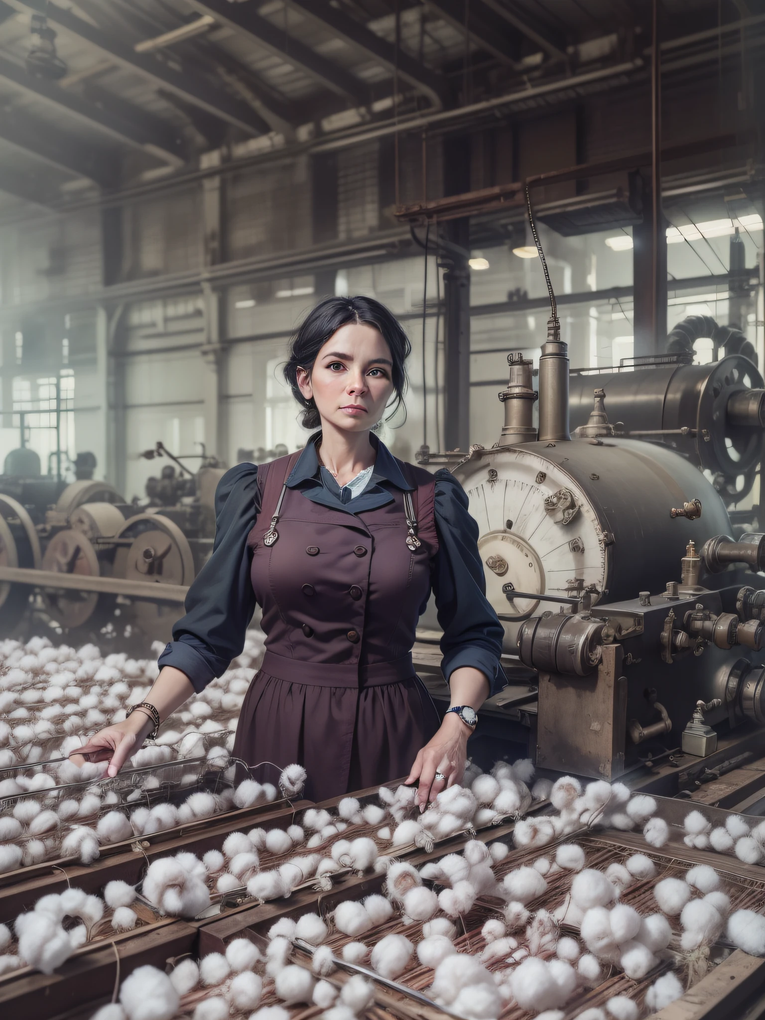 Owner of a cotton factory" Meet Elizabeth, a particular factory owner, while she inspects her cotton mill during peak production. Vestida com um sofisticado vestido vitoriano, She oversees the wiring and steam engines, symbolizing the entrepreneurial spirit of the time.