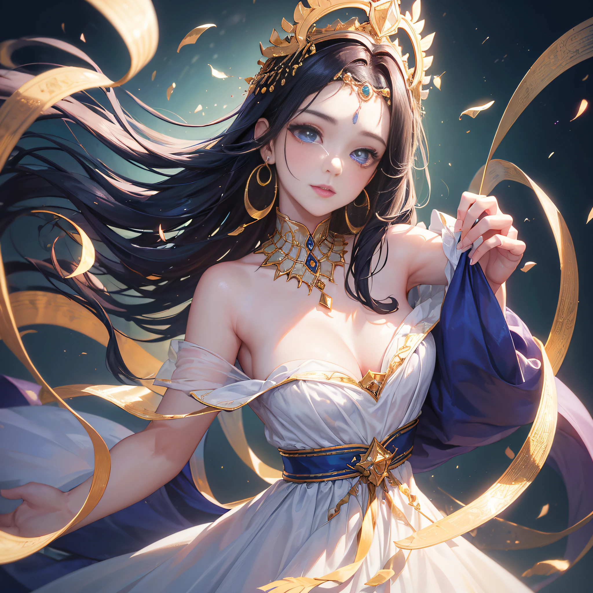 ((Masterpiece:1.2),highest quality:1.1),(dynamic angle:1.2,dynamicposes:1.2,softlighting:1.1), Textured skin,Beauty Tip,Pick dyeing,Crescent headdress,Plain makeup,ribbons,Crescent earrings,There are precious stones on the forehead,Beauty mole,Heterochromic pupils,Light smile,A high resolution
