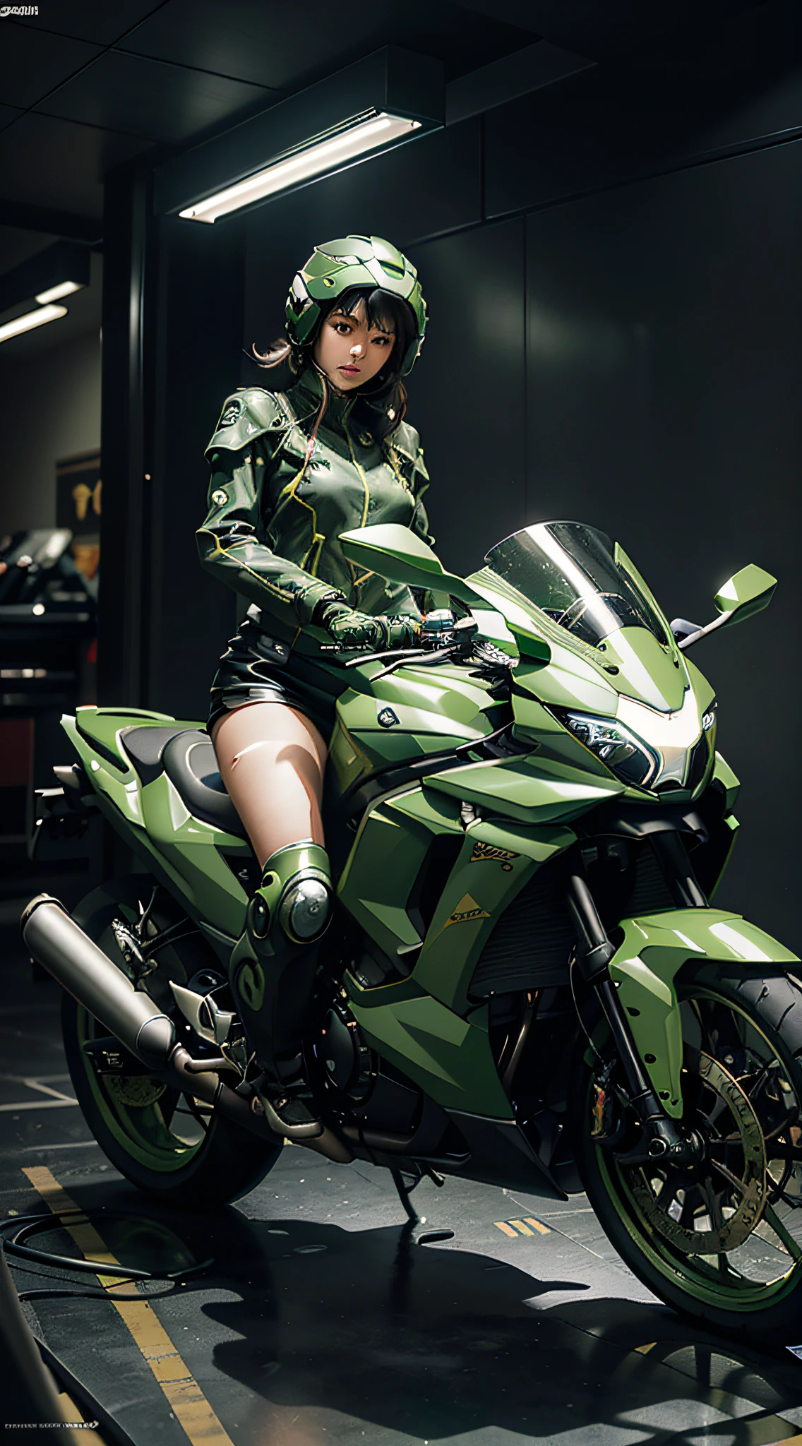 Highest image quality, outstanding details, ultra-high resolution, (realism: 1.4), the best illustration, favor details, highly condensed 1girl, with a delicate and beautiful face, dressed in a black and green mecha, wearing a mecha helmet, holding a directional controller, riding on a motorcycle, the background is a high-tech lighting scene of the future city.